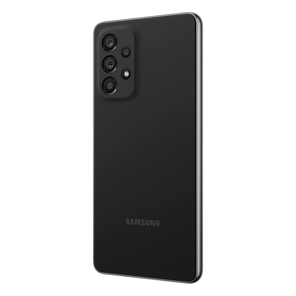 Ein schwarzes Samsung-Telefon mit mehreren Rückkameras wird in einem Winkel angezeigt, wobei der Markenname unten sichtbar ist.