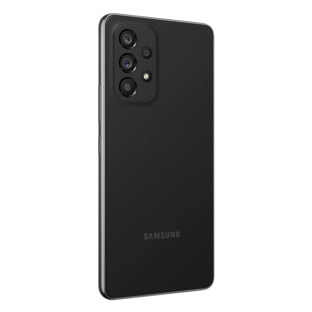 Ein schwarzes Smartphone, leicht angewinkelt. Es hat ein Kameramodul mit mehreren Linsen, und das Samsung-Logo ist sichtbar.