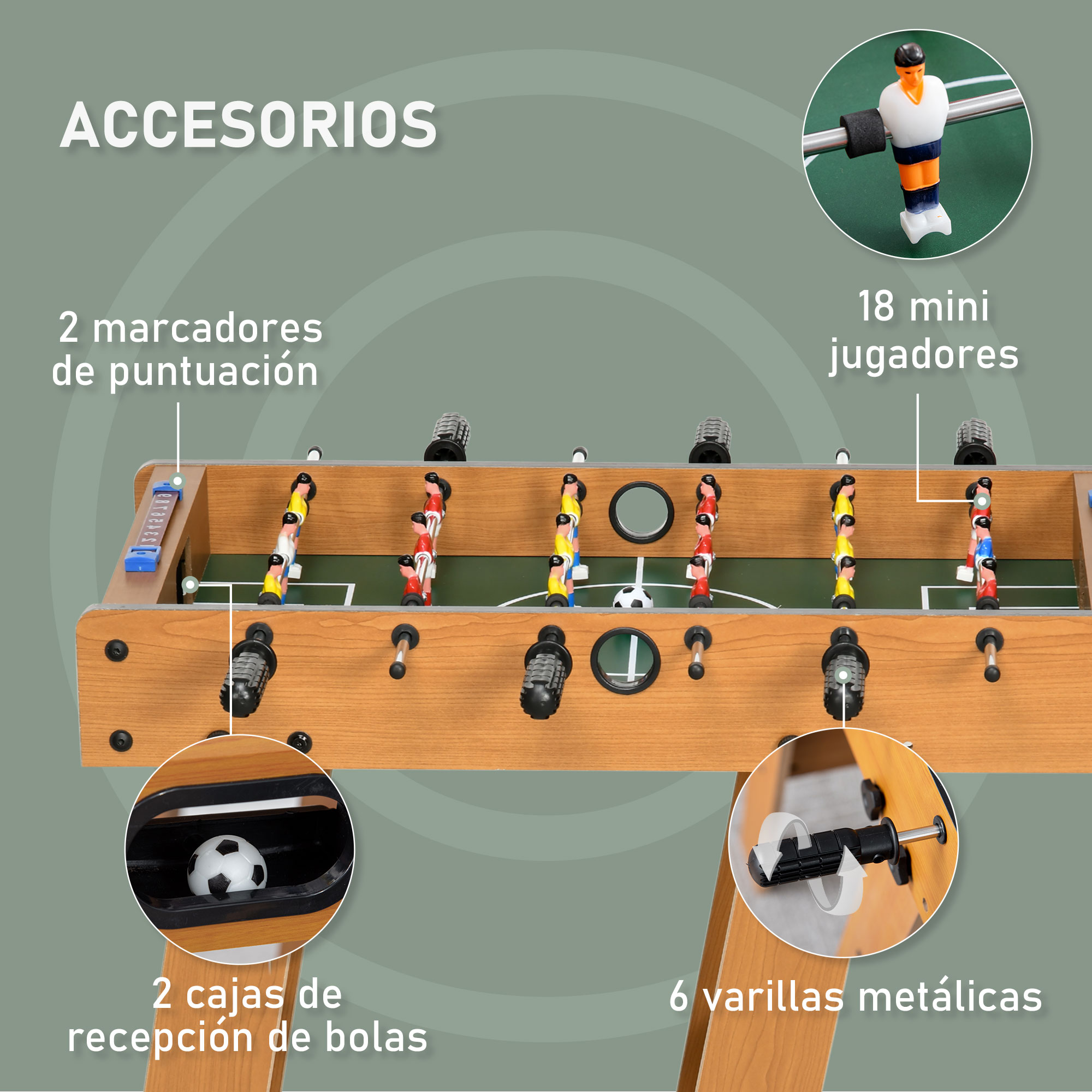 Una mesa de futbolín con jugadores, contadores de puntuación, cajas de recogida de balones y varillas metálicas. Campo verde, marco de madera.