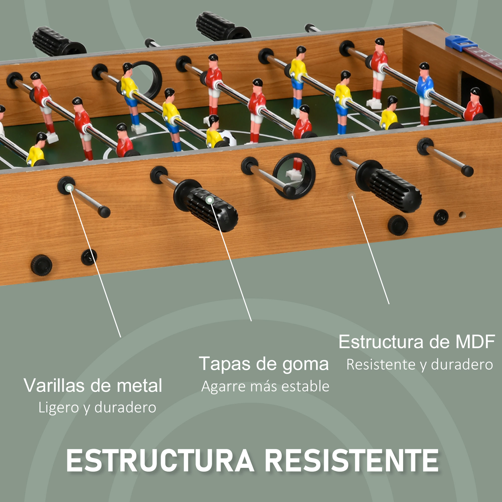 Una mesa de futbolín con jugadores con uniformes rojos y amarillos. La mesa tiene varillas metálicas y agarres de goma. La estructura es MDF.