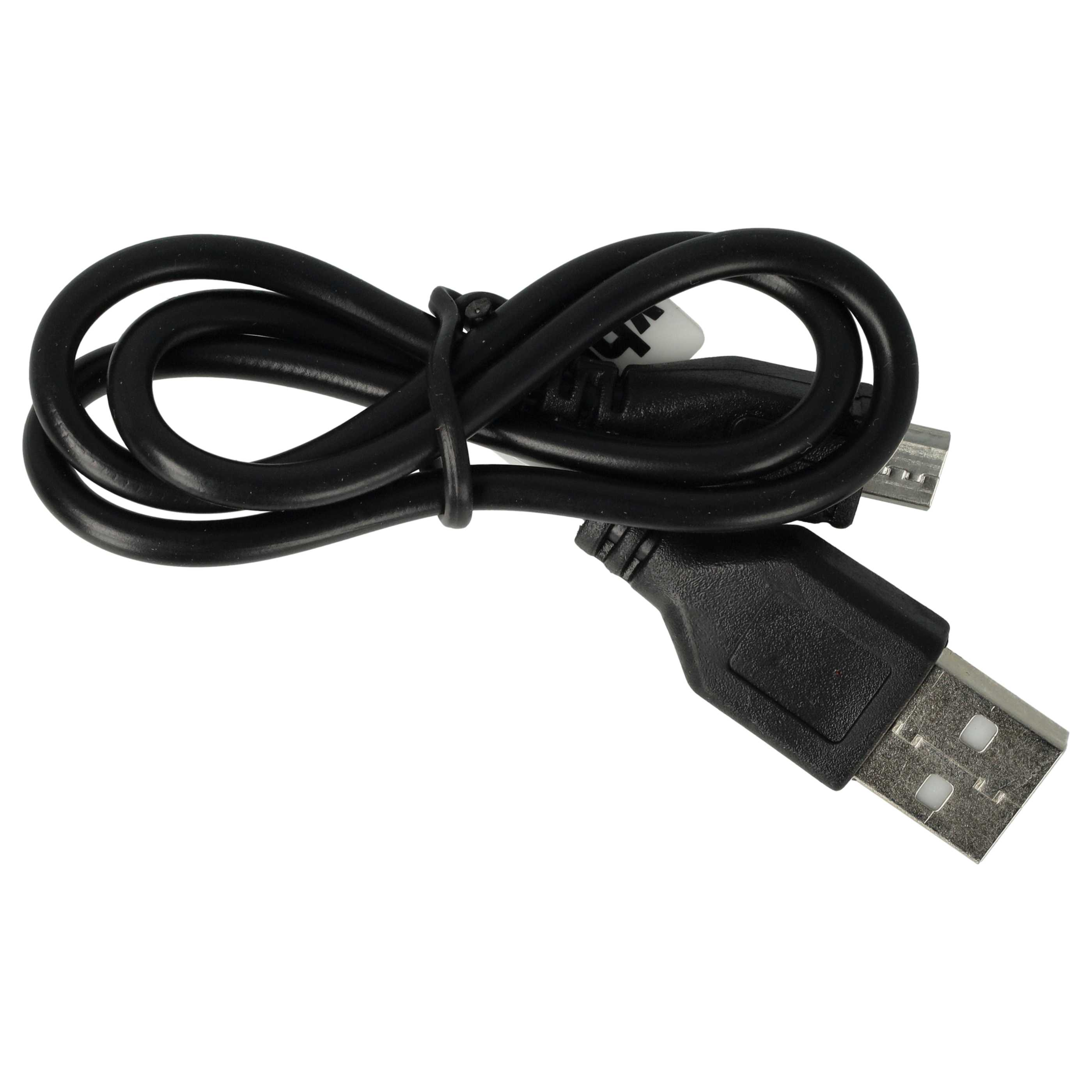 Ein schwarzes USB-Kabel ist aufgerollt, mit einem USB-A- und einem Micro-USB-Anschluss. Der Hintergrund ist weiß.