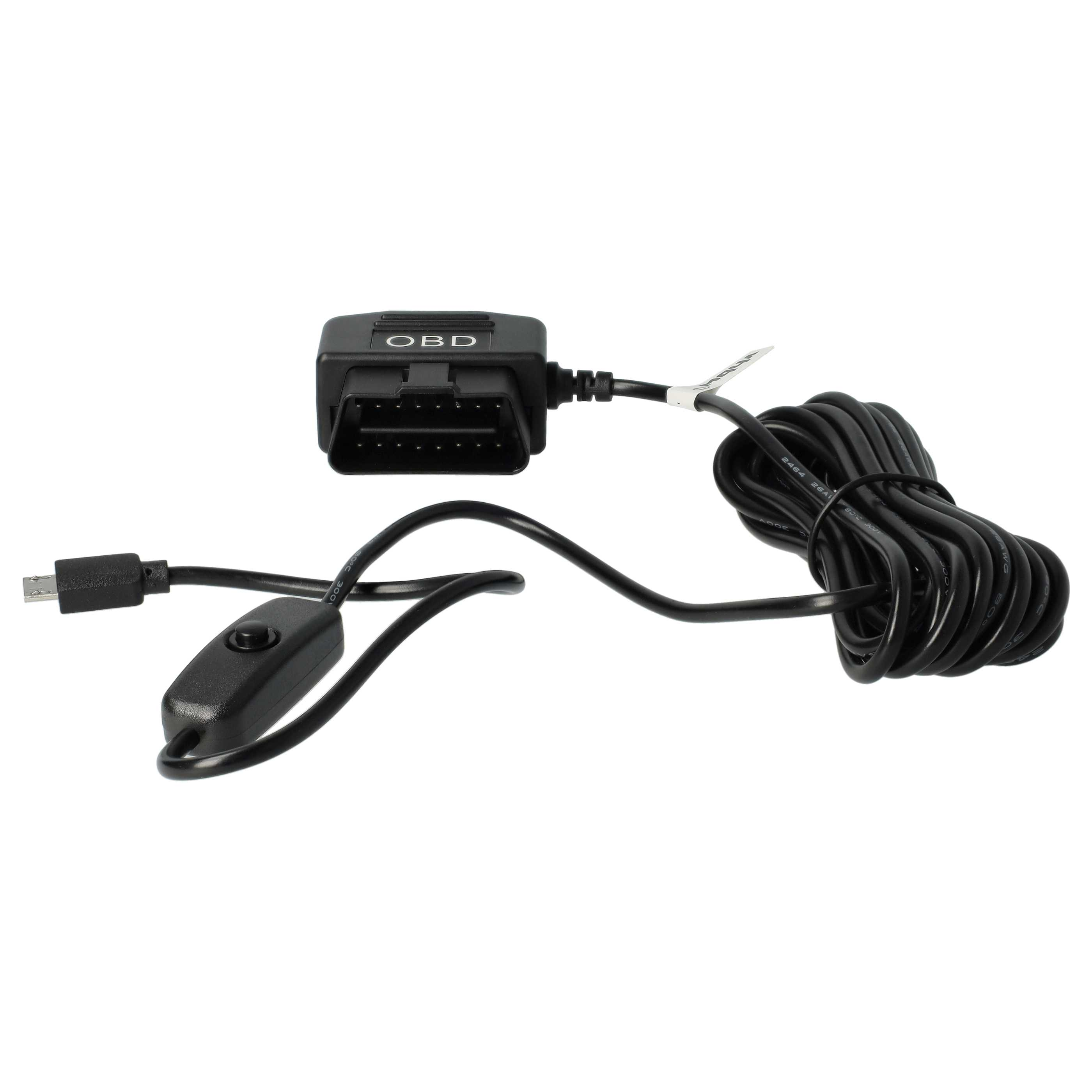 Ein OBD-Diagnosetool mit einem schwarzen Stecker mit der Aufschrift 'OBD', verbunden mit einem schwarzen Kabel und einem Schalter.