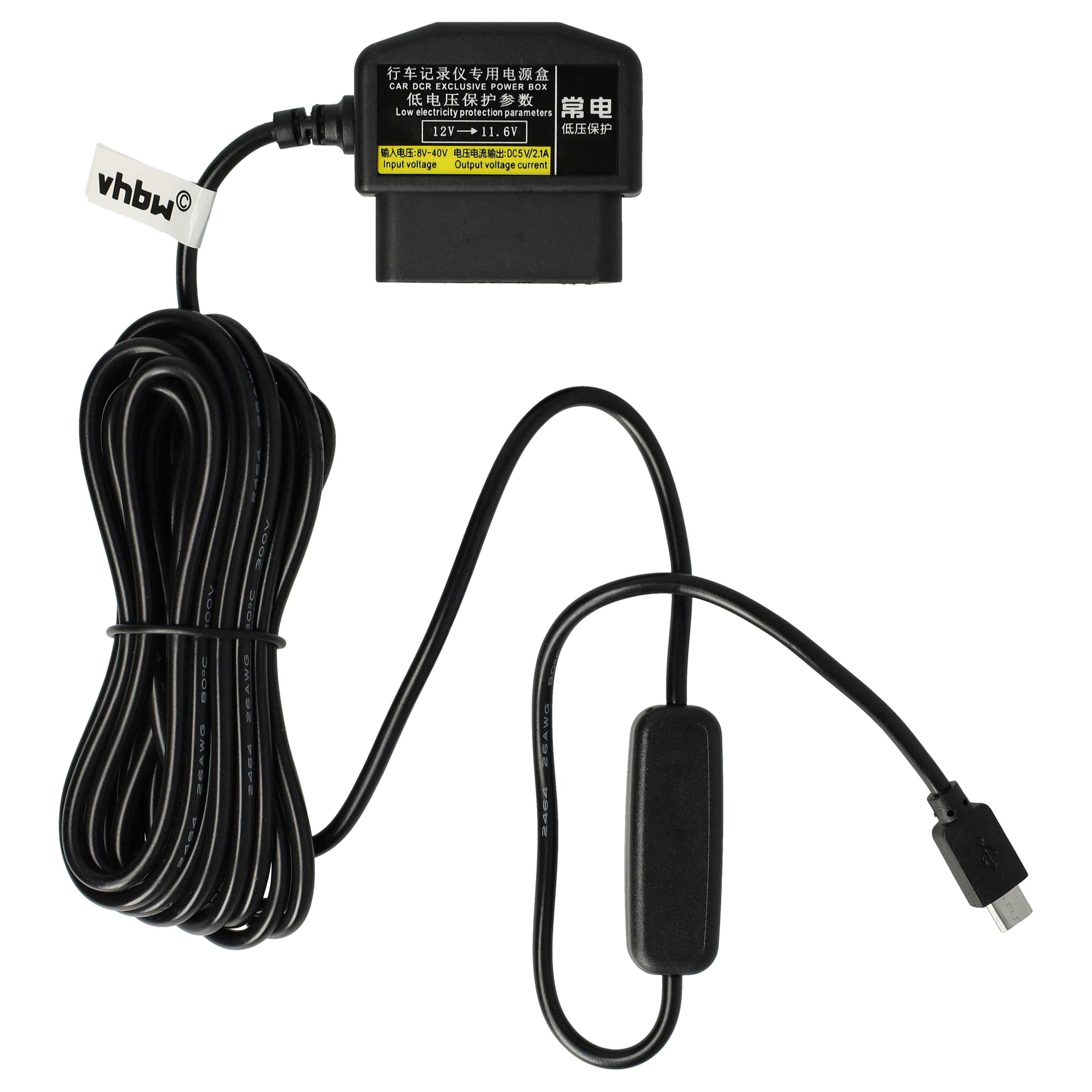 Schwarzer Netzadapter mit Kabel. Etiketten auf Chinesisch und Englisch. USB-C-Anschluss am Ende.