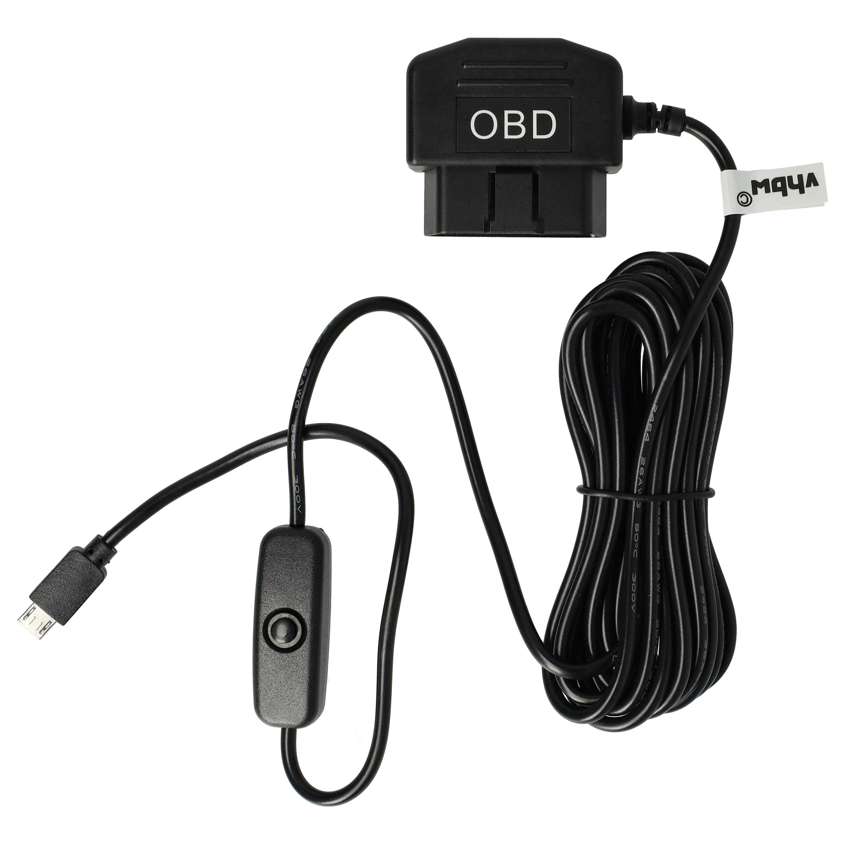 Ein OBD-Diagnosetool mit Kabel, Schalter und USB-Anschluss, alles schwarz, auf weißem Hintergrund.