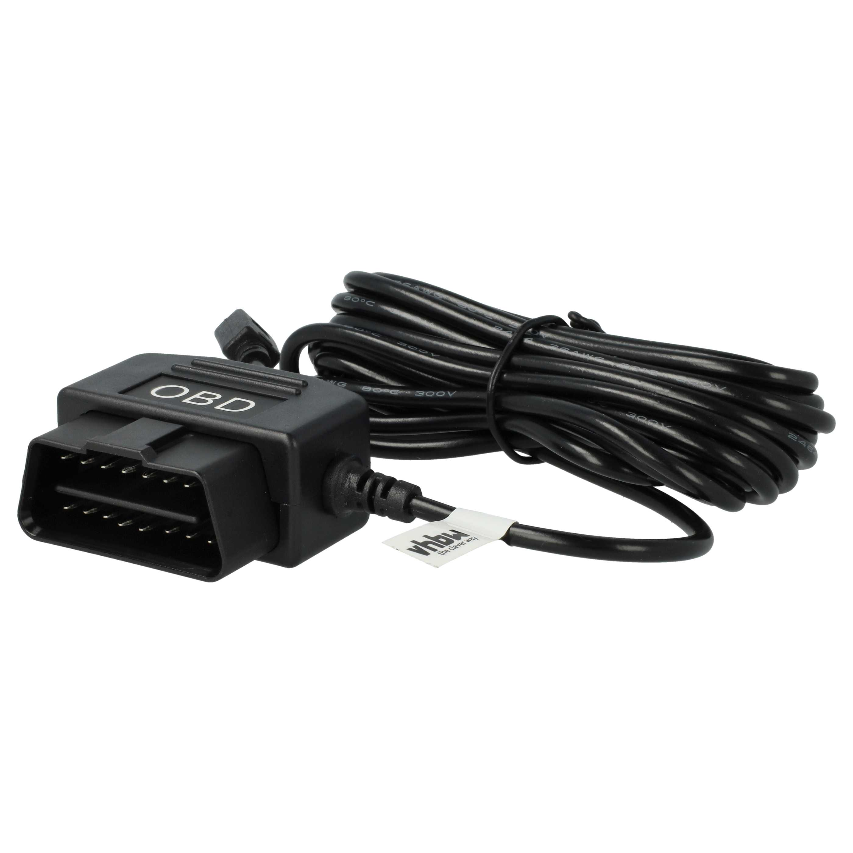 Schwarzer OBD-Stecker mit Kabel. Der Stecker ist mit 'OBD' beschriftet. Kabel ist aufgerollt.