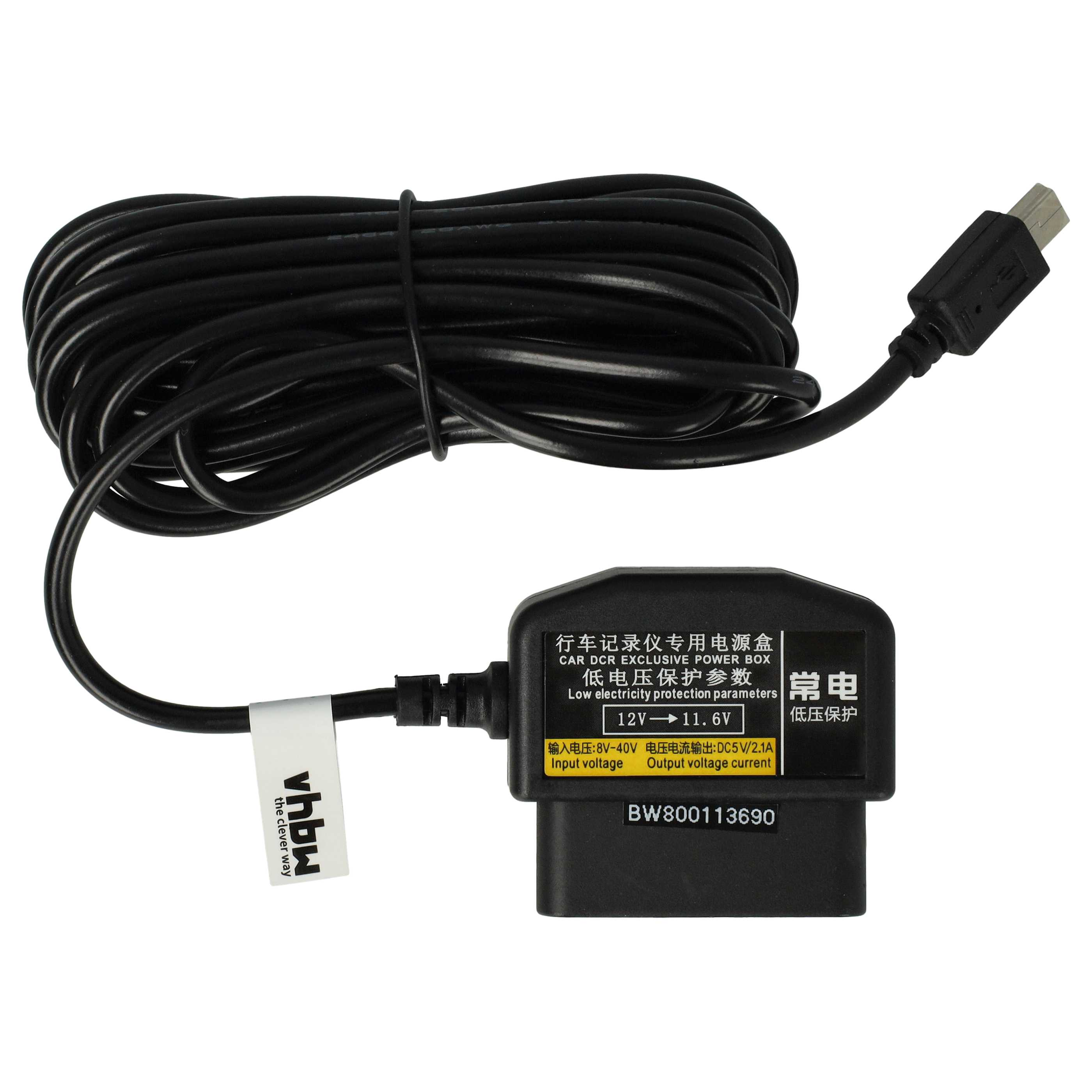 Schwarzes Kabel mit USB-Stecker, verbunden mit einer schwarzen Box mit chinesischem Text und einem weißen Etikett. Die Box sagt 'Niederspannungsschutz'.