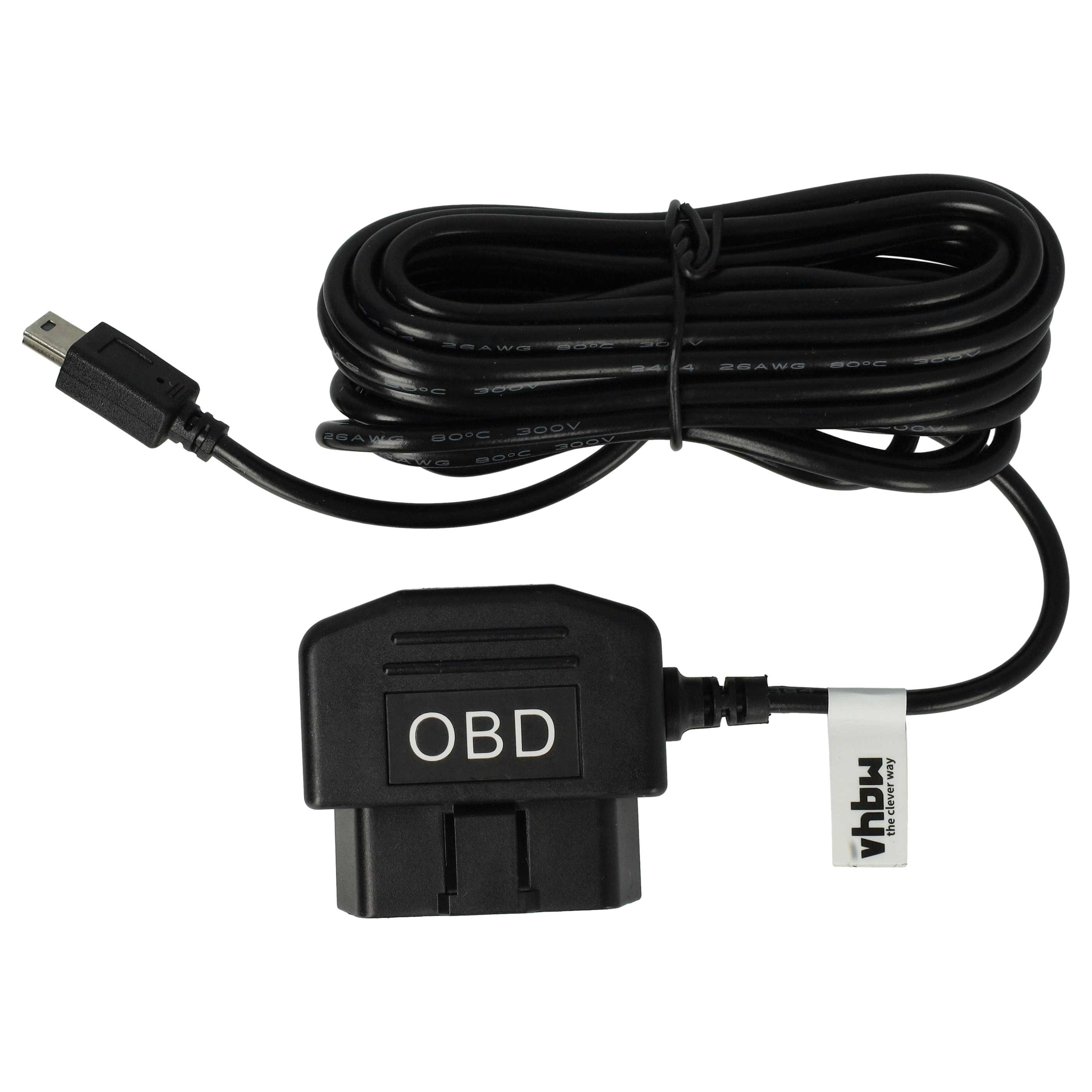 Ein OBD-Diagnosekabel mit USB-Anschluss, gewickeltem Kabel und einem schwarzen OBD-Stecker mit der Aufschrift 'OBD'.