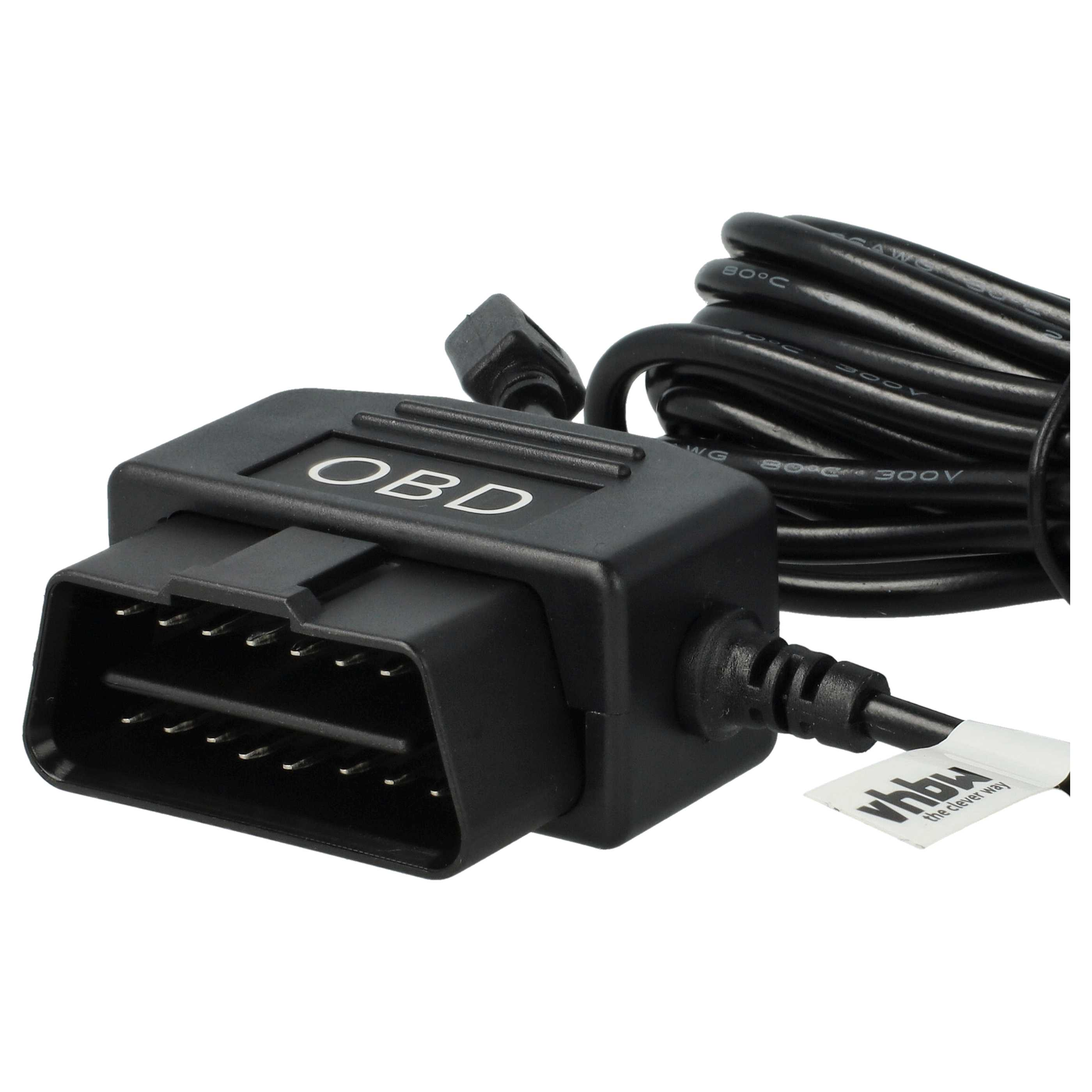 Ein schwarzer OBD-Stecker mit Stiften, das Wort OBD ist darauf gedruckt. Es hat ein schwarzes Kabel.