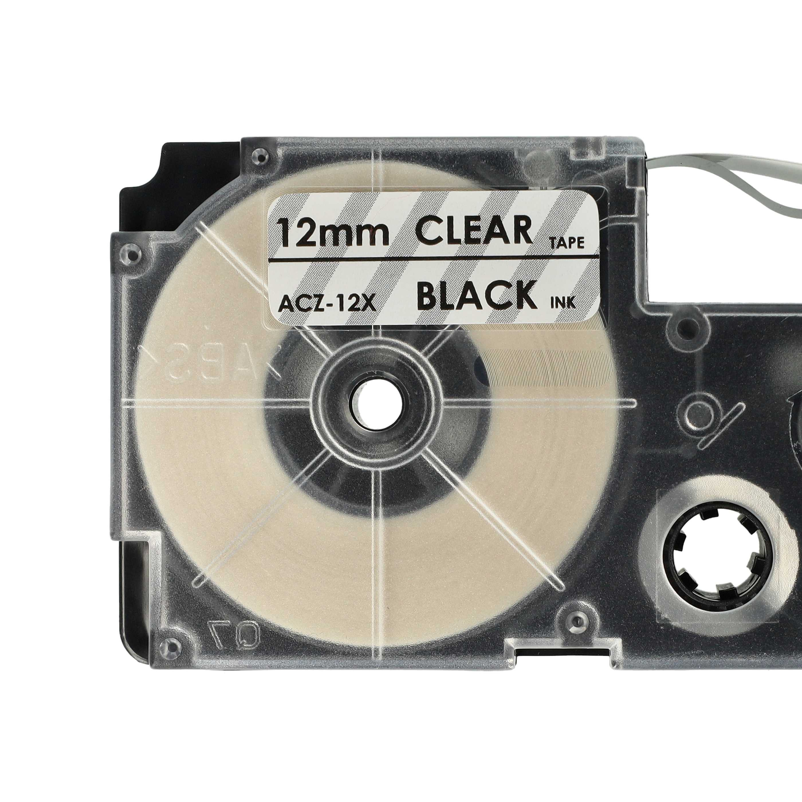 Transparente Bandkassette. Sie hat schwarze Tinte und 12 mm Band. Die Kassette ist aus transparentem Kunststoff mit einem Etikett.