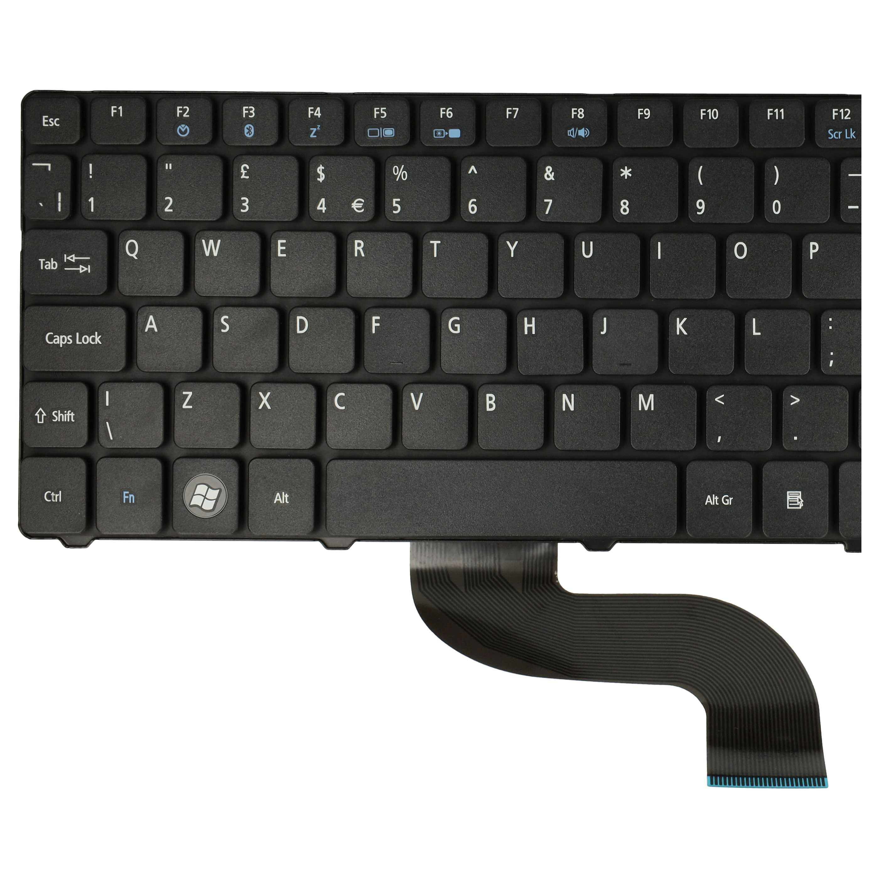 Eine schwarze Laptop-Tastatur mit weißen Buchstaben und Symbolen. Ein Flachbandkabel ragt unten heraus.