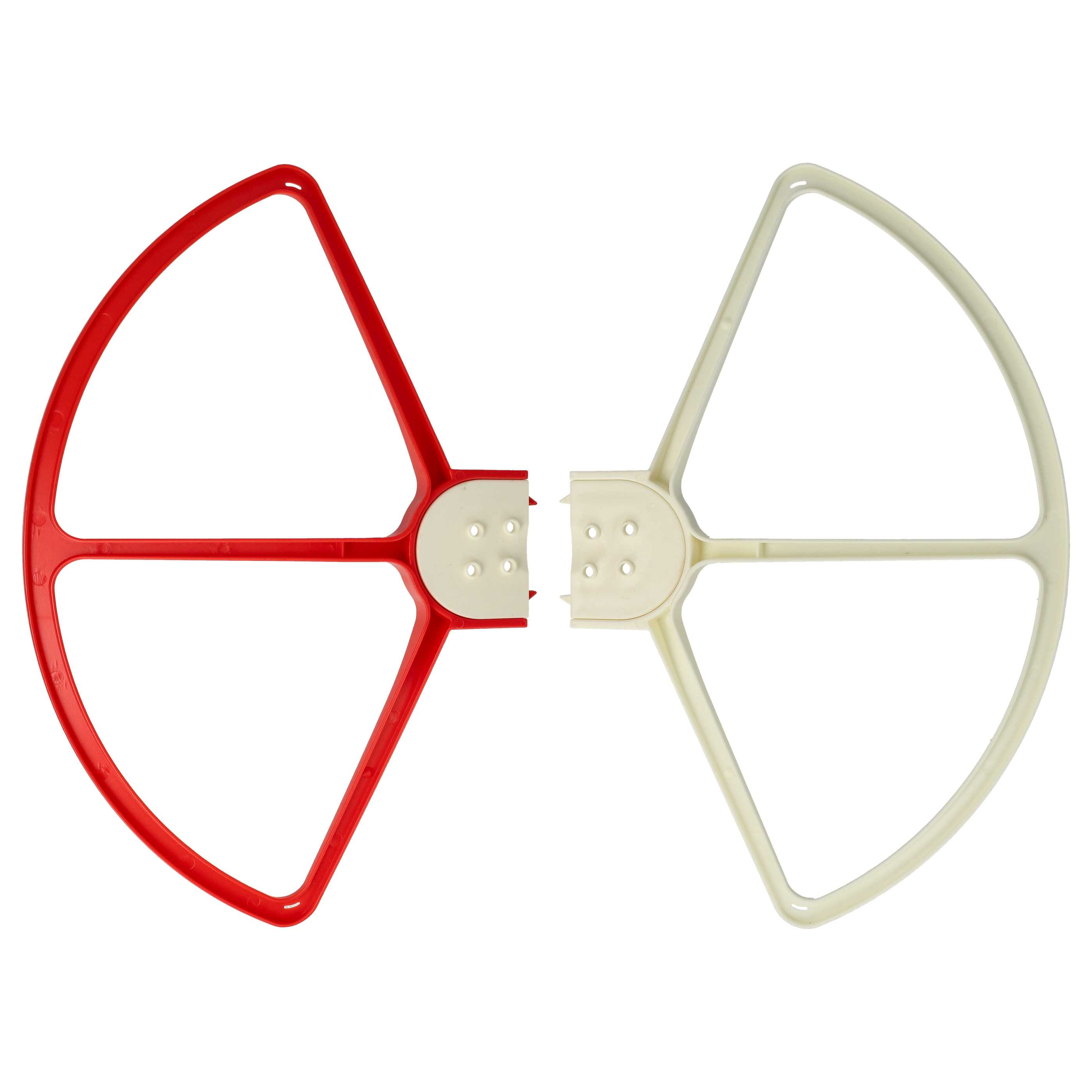 Zwei getrennte Drohnenpropellerschutzvorrichtungen. Einer rot, einer cremefarben. Beide haben ein kreisförmiges Design.