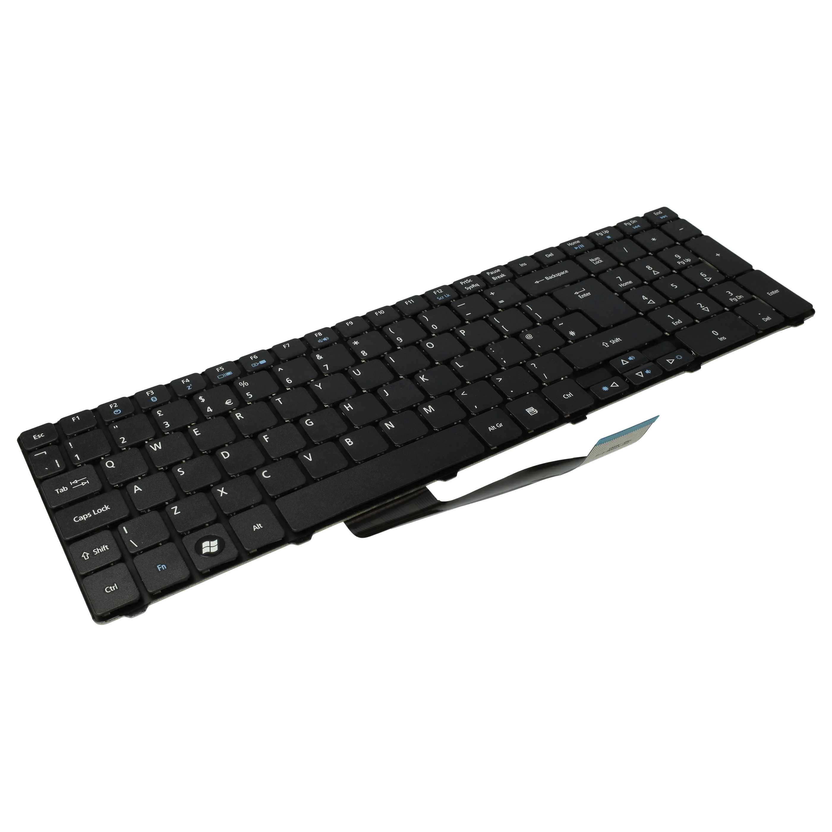 Eine schwarze Laptop-Tastatur liegt auf weißem Untergrund. Tasten sind mit Buchstaben, Zahlen und Symbolen beschriftet.