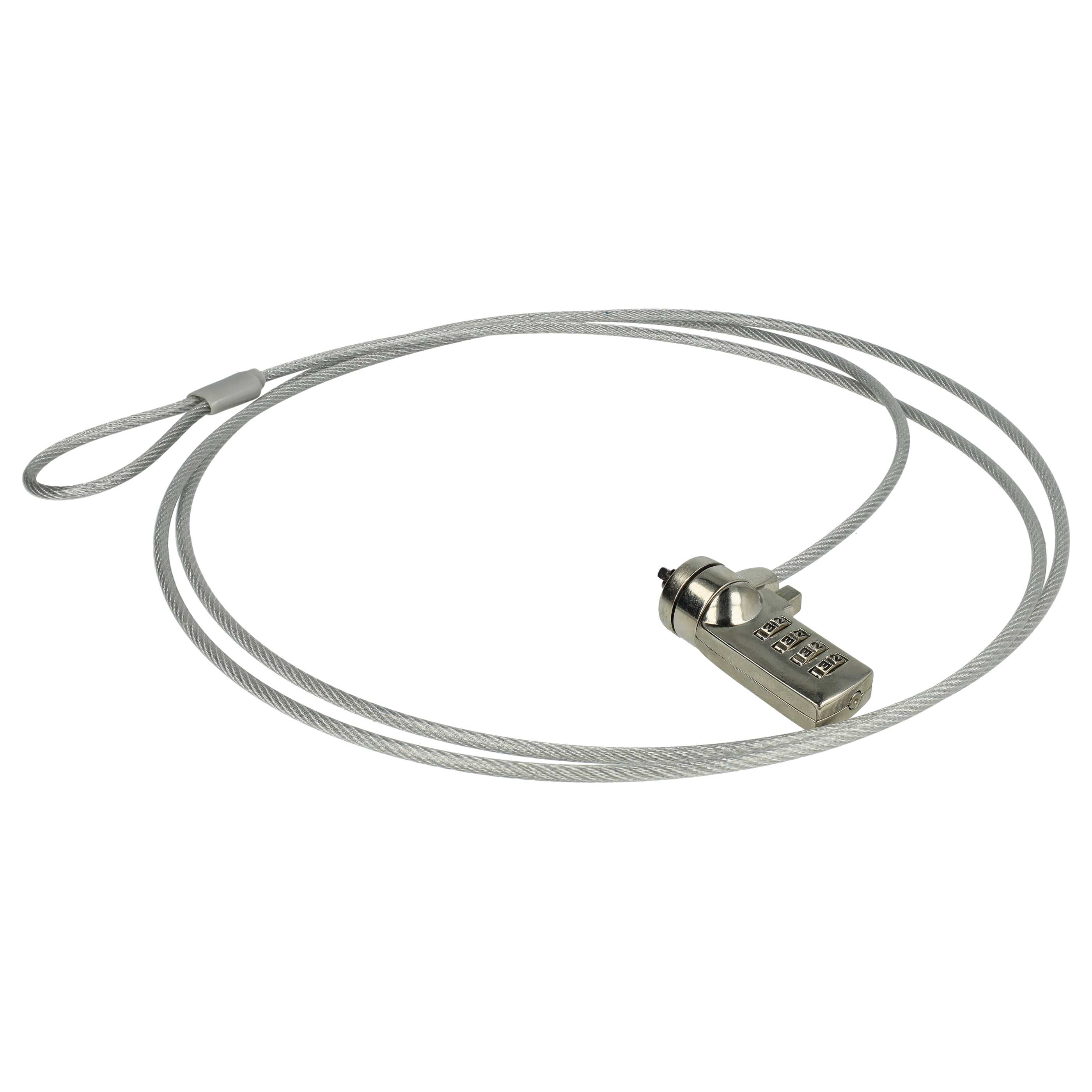 Ein silbernes Zahlenschloss mit Kabel. Das Schloss hat Zahlen. Das Kabel ist geschlungen.