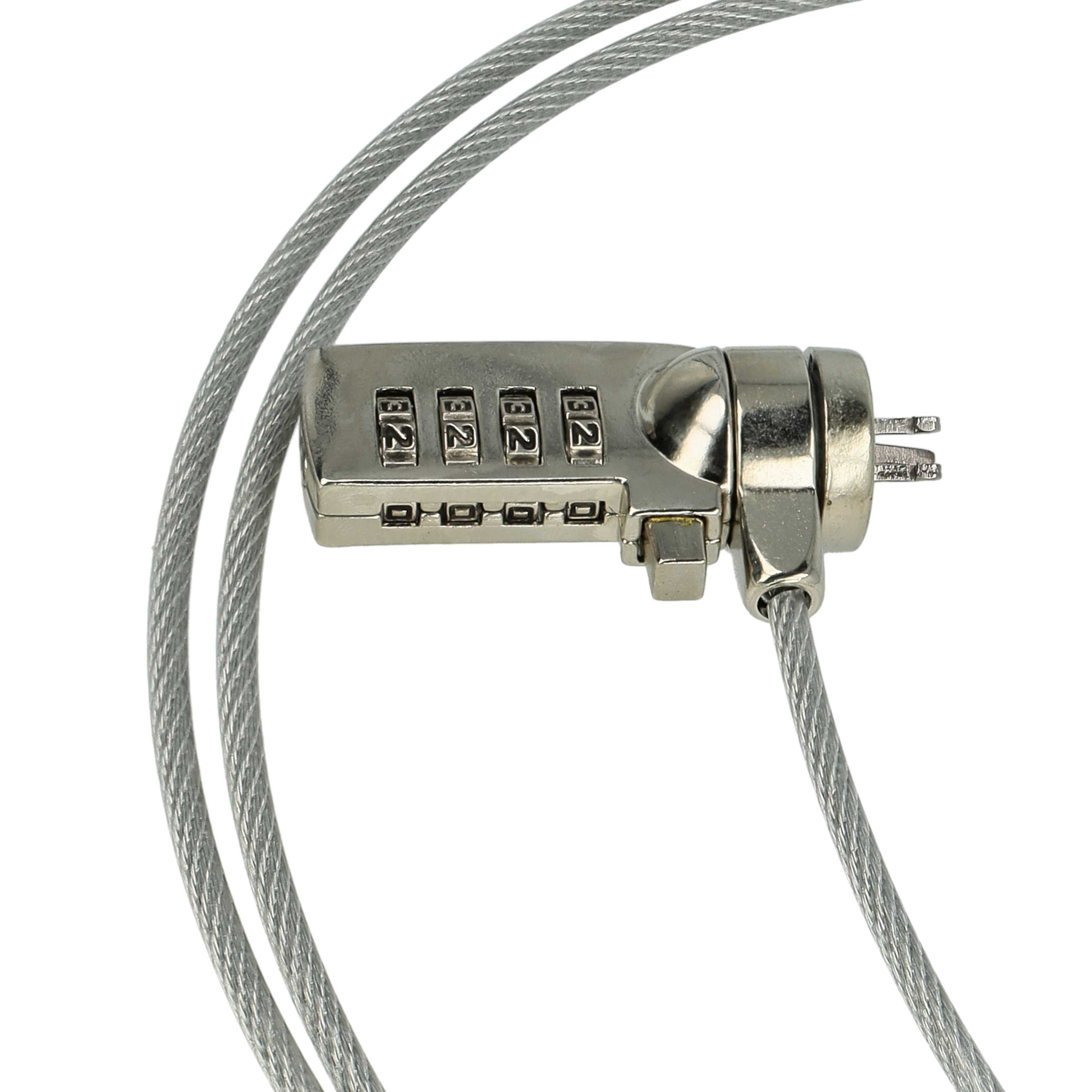 Ein silbernes Zahlenschloss mit einem angebrachten Kabel. Auf dem Ziffernblatt sind die Zahlen 32 zu sehen. Der Hintergrund ist weiß.