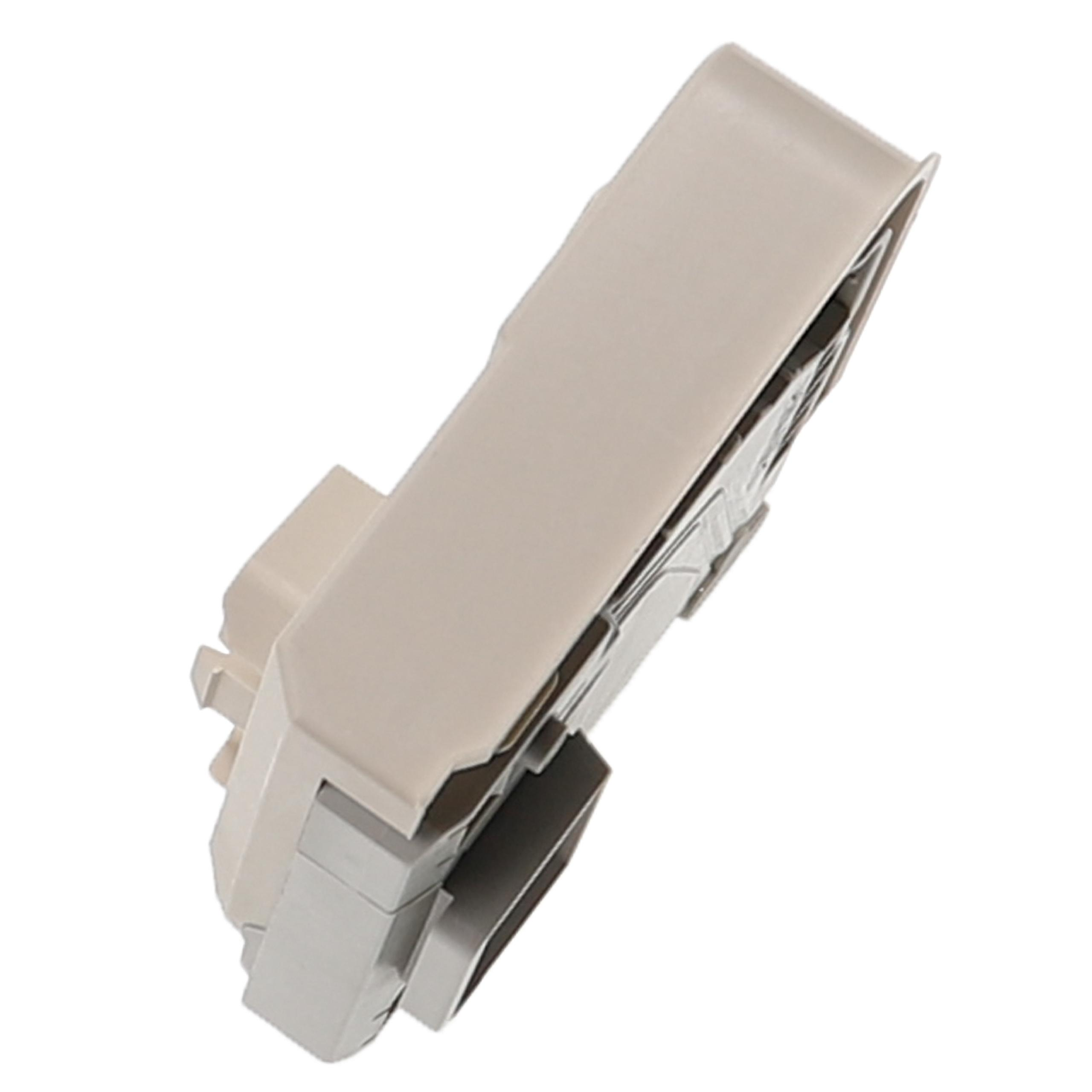 Schräge Ansicht einer beigen elektrischen Komponente. Sie hat eine rechteckige Form und mehrere interne Details.