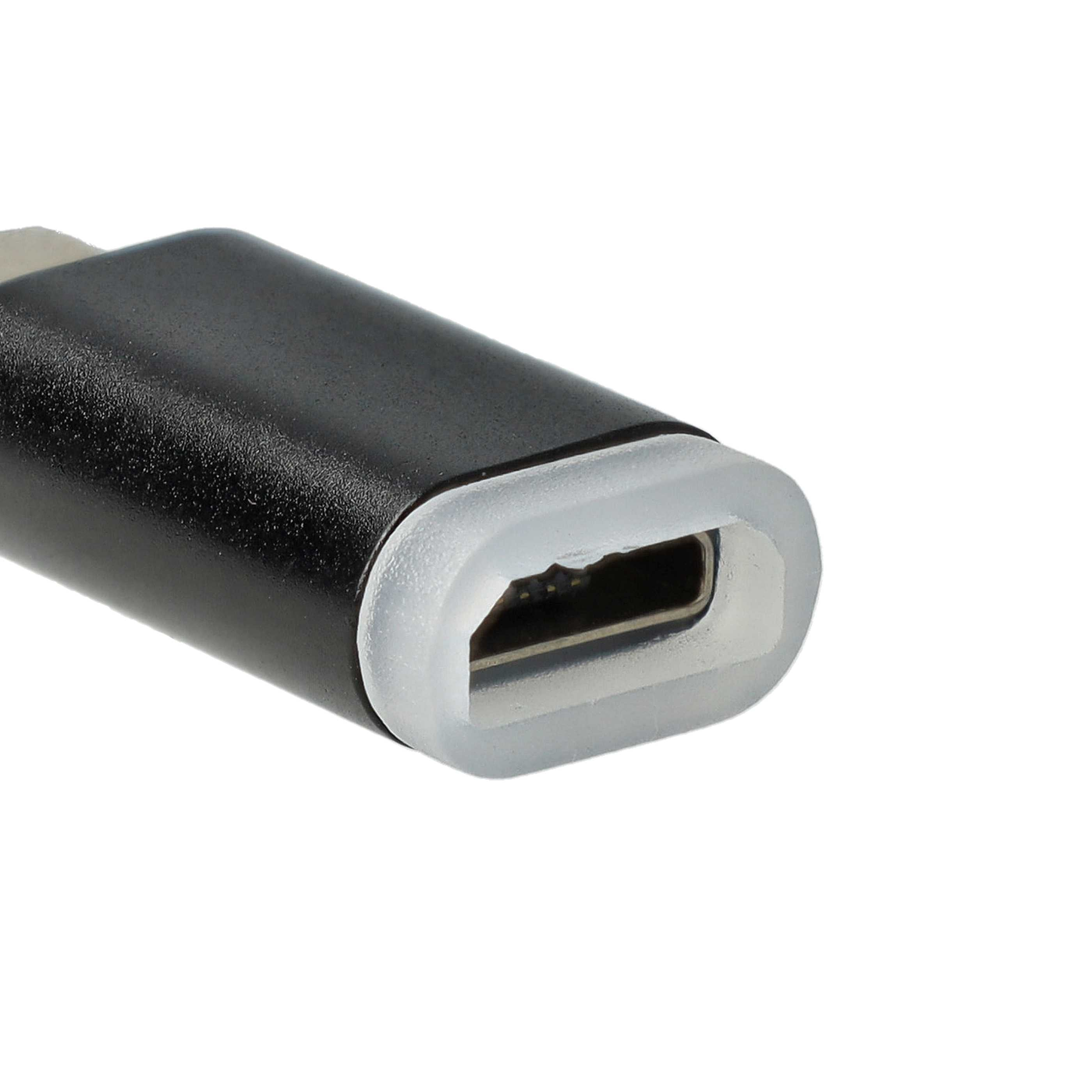 Nahaufnahme eines schwarzen USB-C-Anschlusses mit weißem Rand auf weißem Hintergrund.