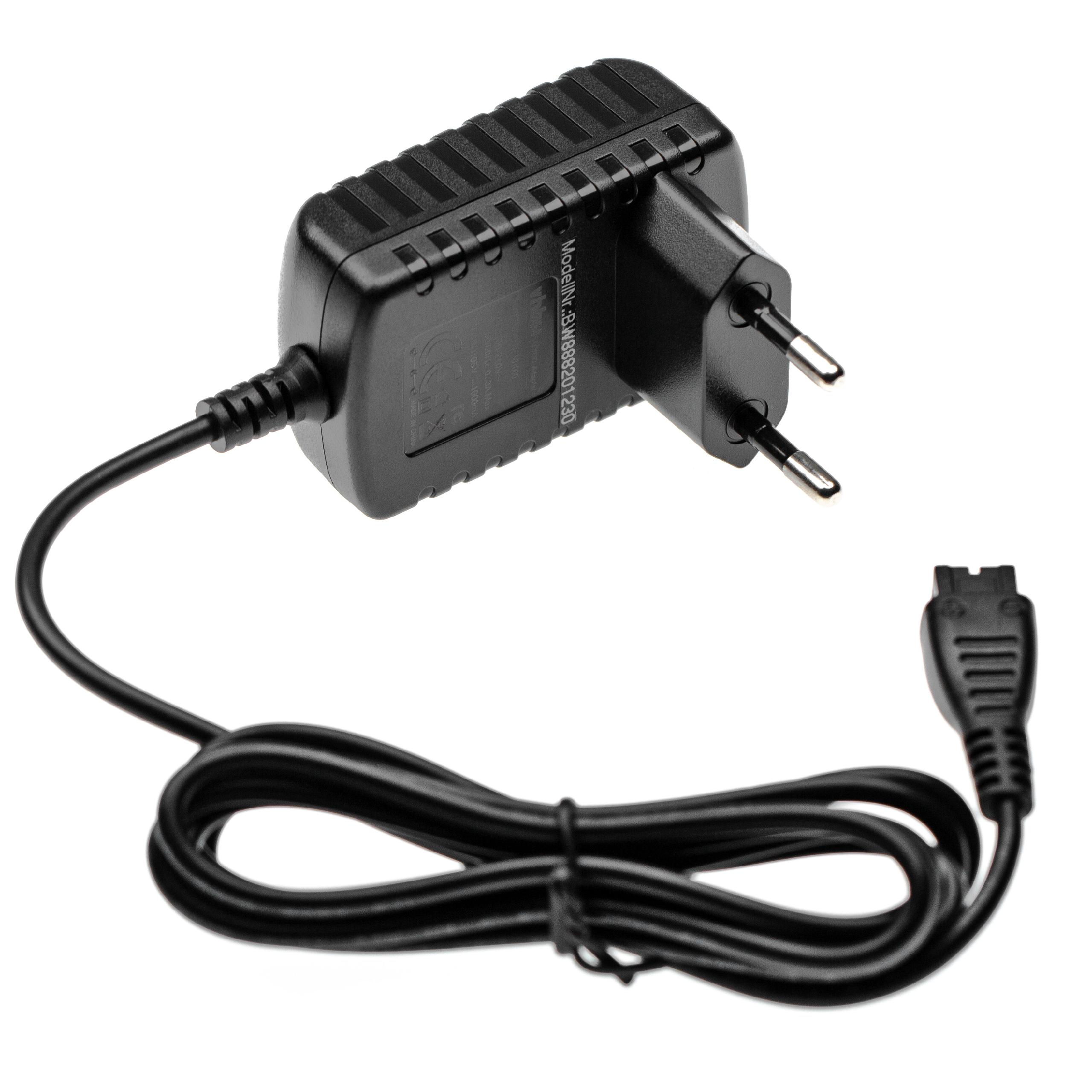 Ein schwarzes Telefonladegerät mit Kabel und Stecker. Der Hintergrund ist weiß.