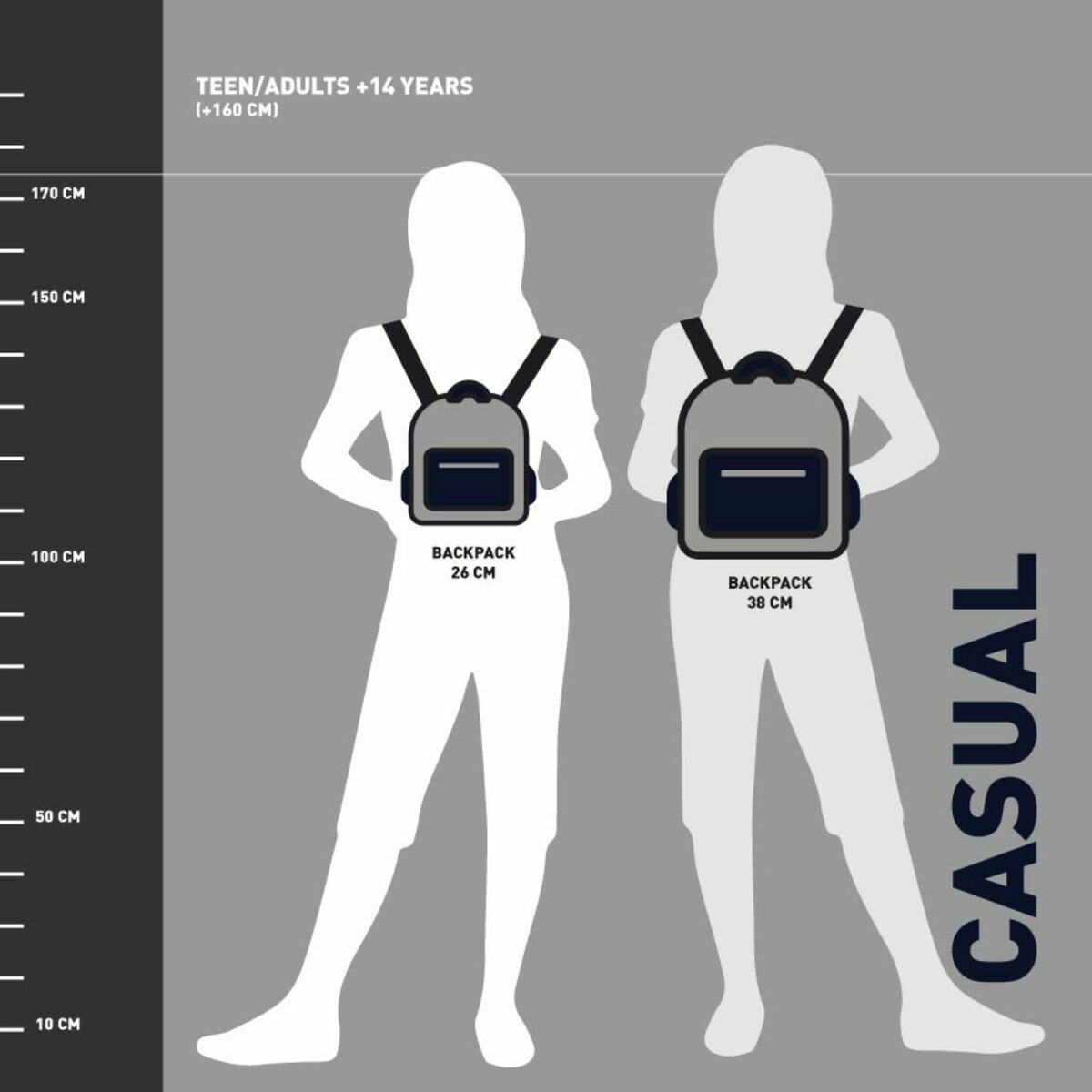 Dos figuras con mochilas de pie una al lado de la otra. Las etiquetas muestran los tamaños de las mochilas y la palabra 'casual'.
