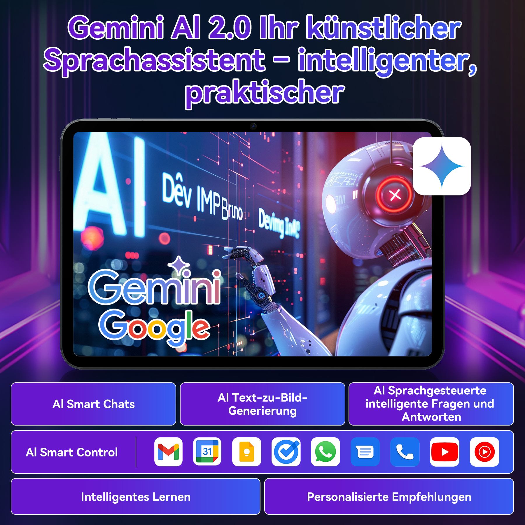 Ein Tablet zeigt 'Gemini Google' mit einem Roboterarm und einer futuristischen Oberfläche. Andere Symbole sind für KI-Smart-Steuerung und Chats.