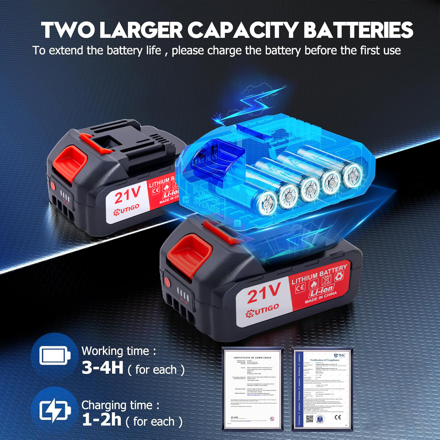 Dwa czarne akumulatory 21V z czerwonymi akcentami. Jeden jest solidny, drugi przezroczysty, pokazujący wewnętrzne baterie. Szczegóły tekstowe dotyczące czasu pracy i ładowania.