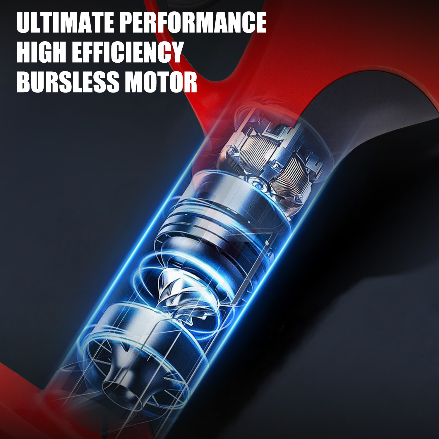 Zbliżenie silnika z efektami niebieskiego światła. Tekst mówi 'ULTIMATE PERFORMANCE', 'HIGH EFFICIENCY' i 'BURSLESS MOTOR' w kolorze białym.