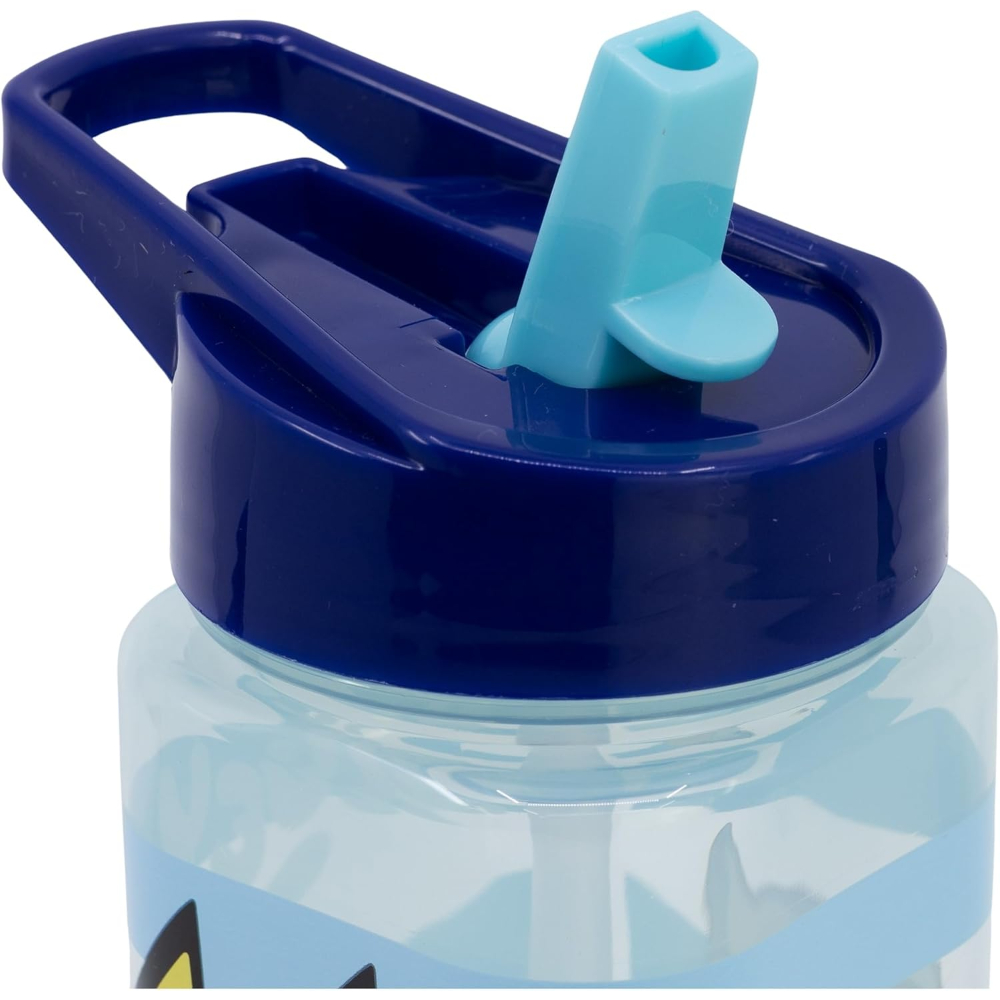 Primer plano de una botella de agua azul con tapa abatible y pajita celeste. La botella es parcialmente transparente.