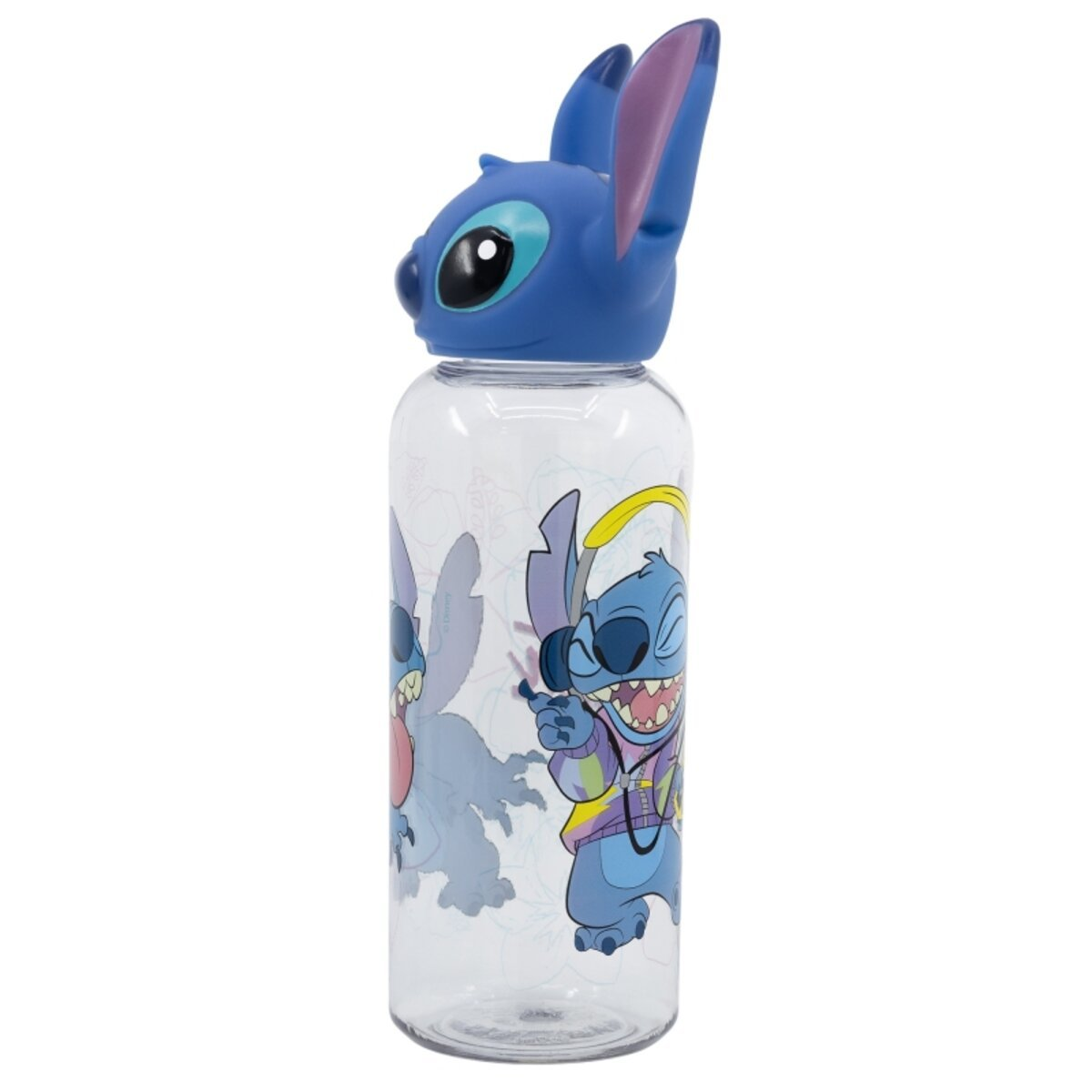 Una botella de agua con diseño de Stitch. La tapa es azul, con forma de la cabeza de Stitch. El cuerpo es transparente con gráficos de Stitch.