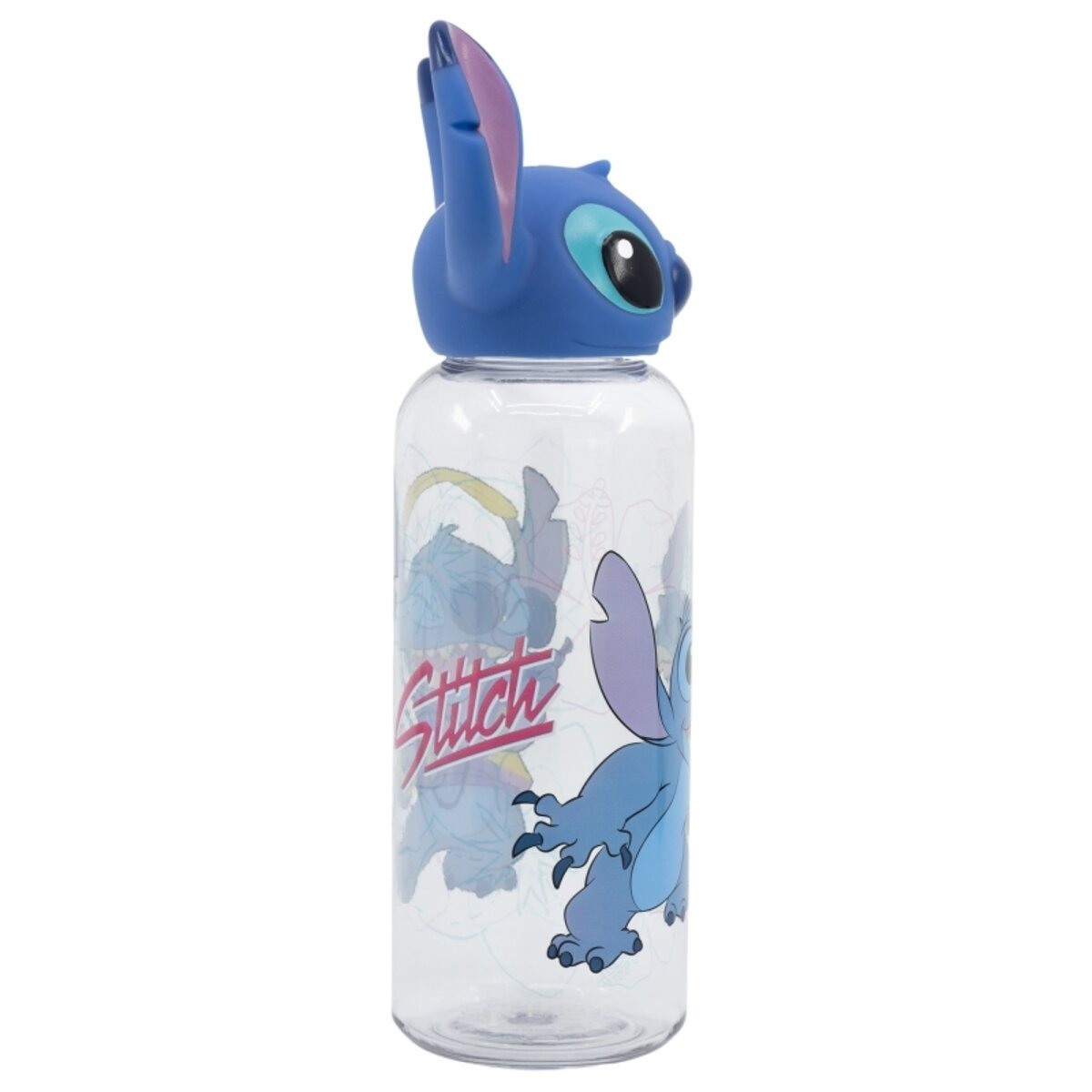 Una botella de agua transparente con una figura azul de Stitch y la palabra 'Stitch'. La tapa es la cabeza de Stitch.