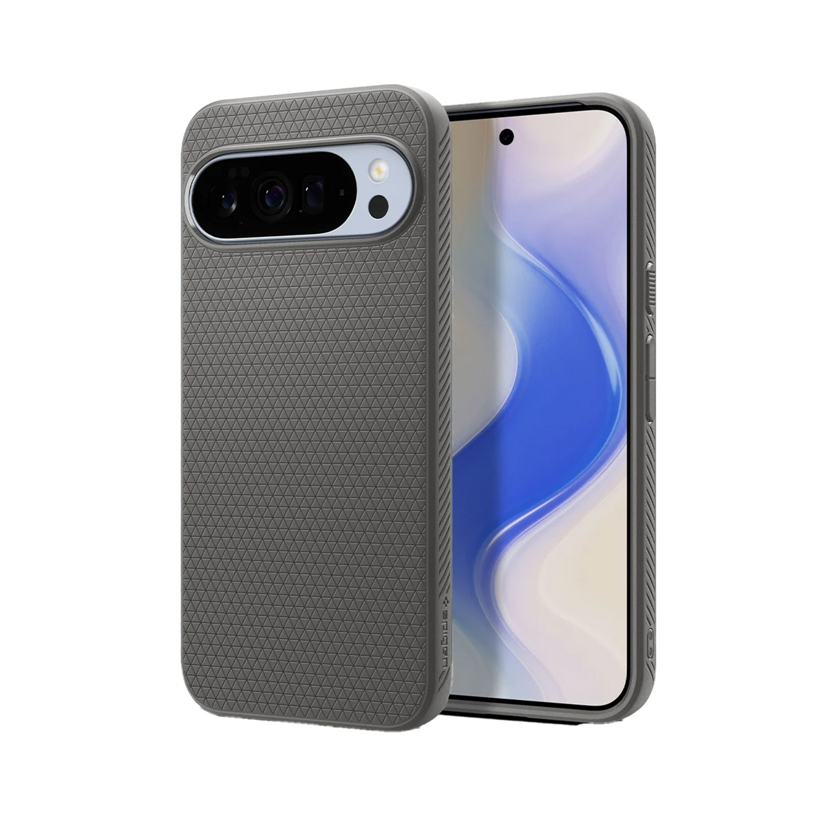 Twee mobiele telefoons in grijze hoesjes, één toont het scherm. De hoesjes hebben een getextureerd oppervlak en camera-uitsparingen.