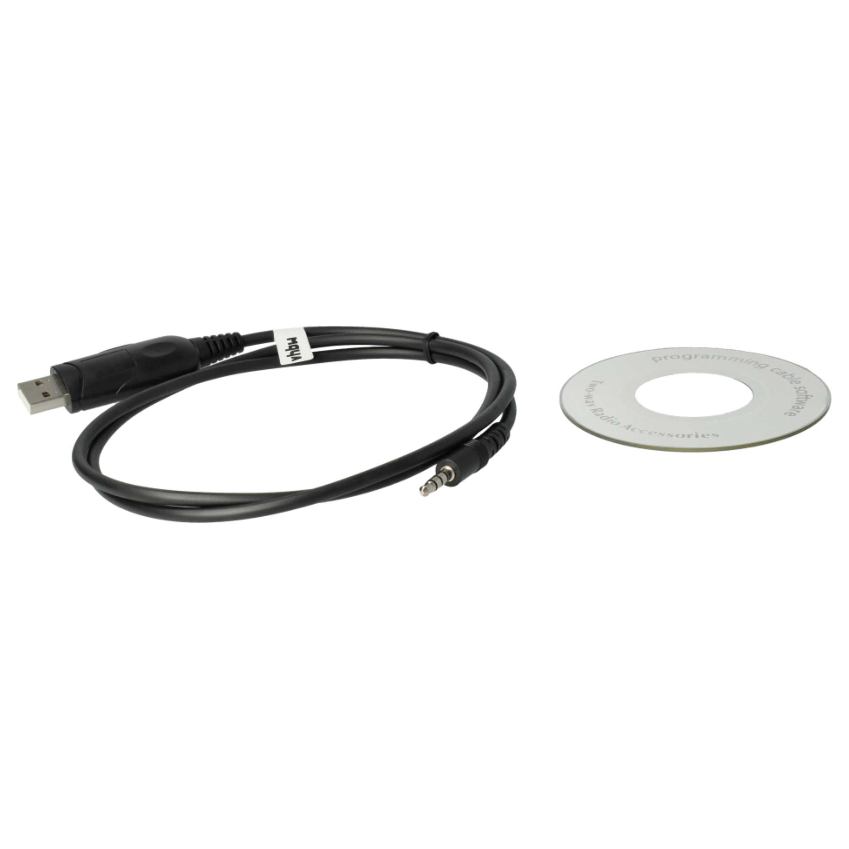 Auf einer weißen Oberfläche befinden sich ein schwarzes USB-Kabel und eine CD. Auf der CD steht 'Programmierkabel-Software'.