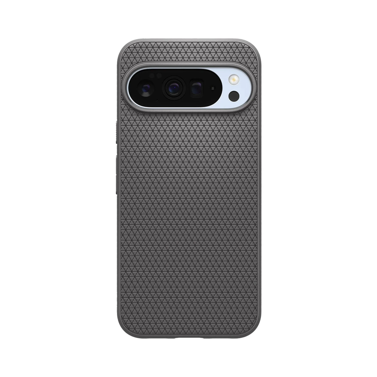 Een donkergrijze telefoonhoes met een getextureerde achterkant. Het heeft een camera-uitsparing met meerdere lenzen en een flitser. De achtergrond is wit.