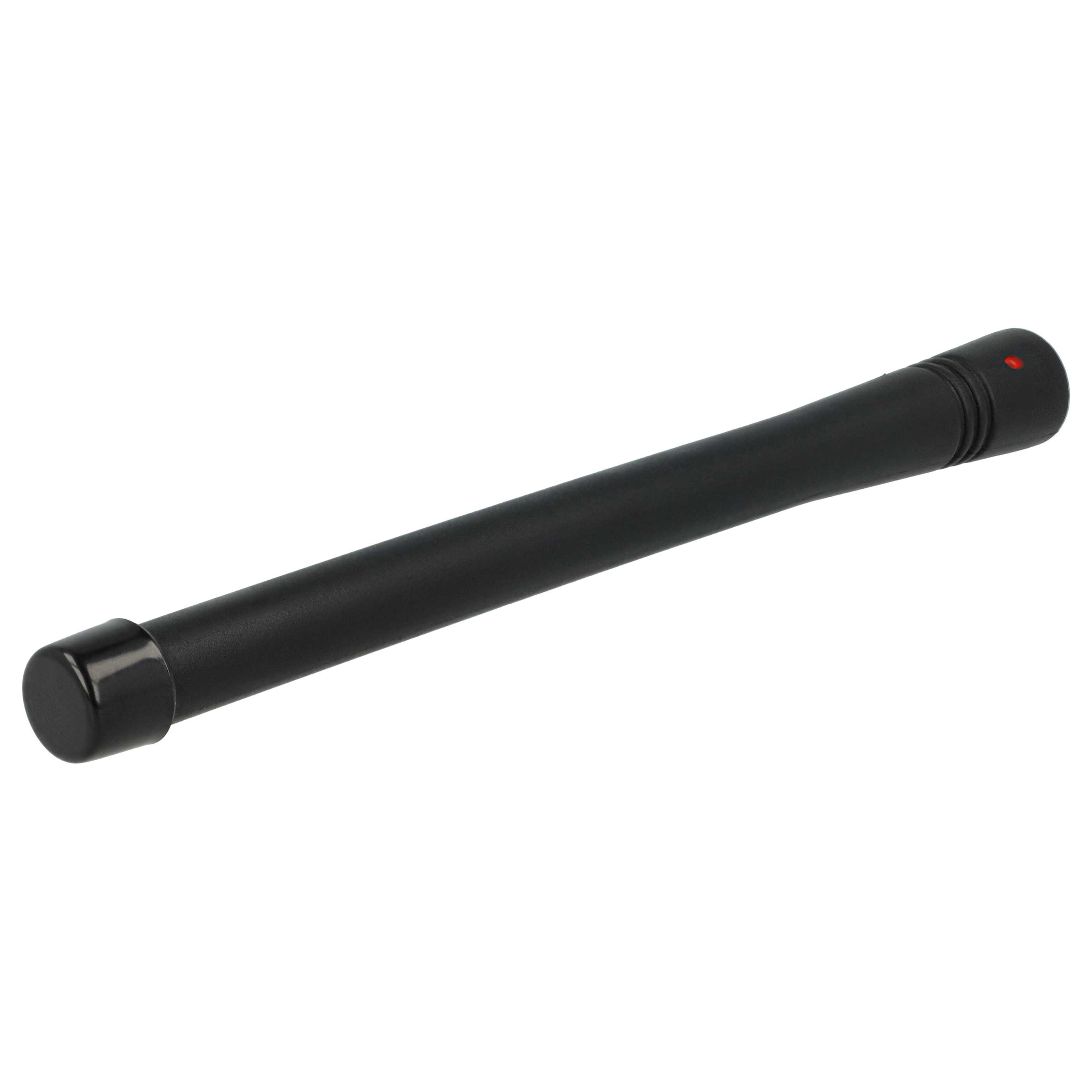 Eine schwarze, zylindrische Mikrofonantenne mit einem roten Punkt auf der Oberseite, vor weißem Hintergrund.