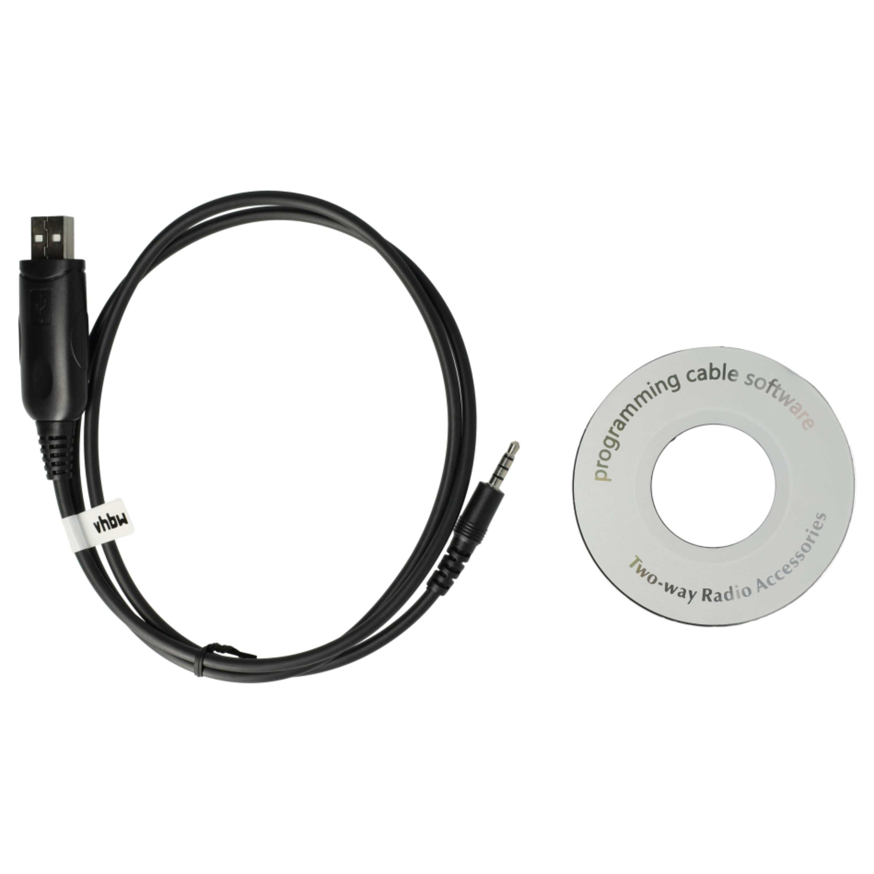 Schwarzes Programmierkabel und eine CD mit dem Text 'Two-way Radio Accessories'. Kabel hat USB- und Audioanschlüsse.