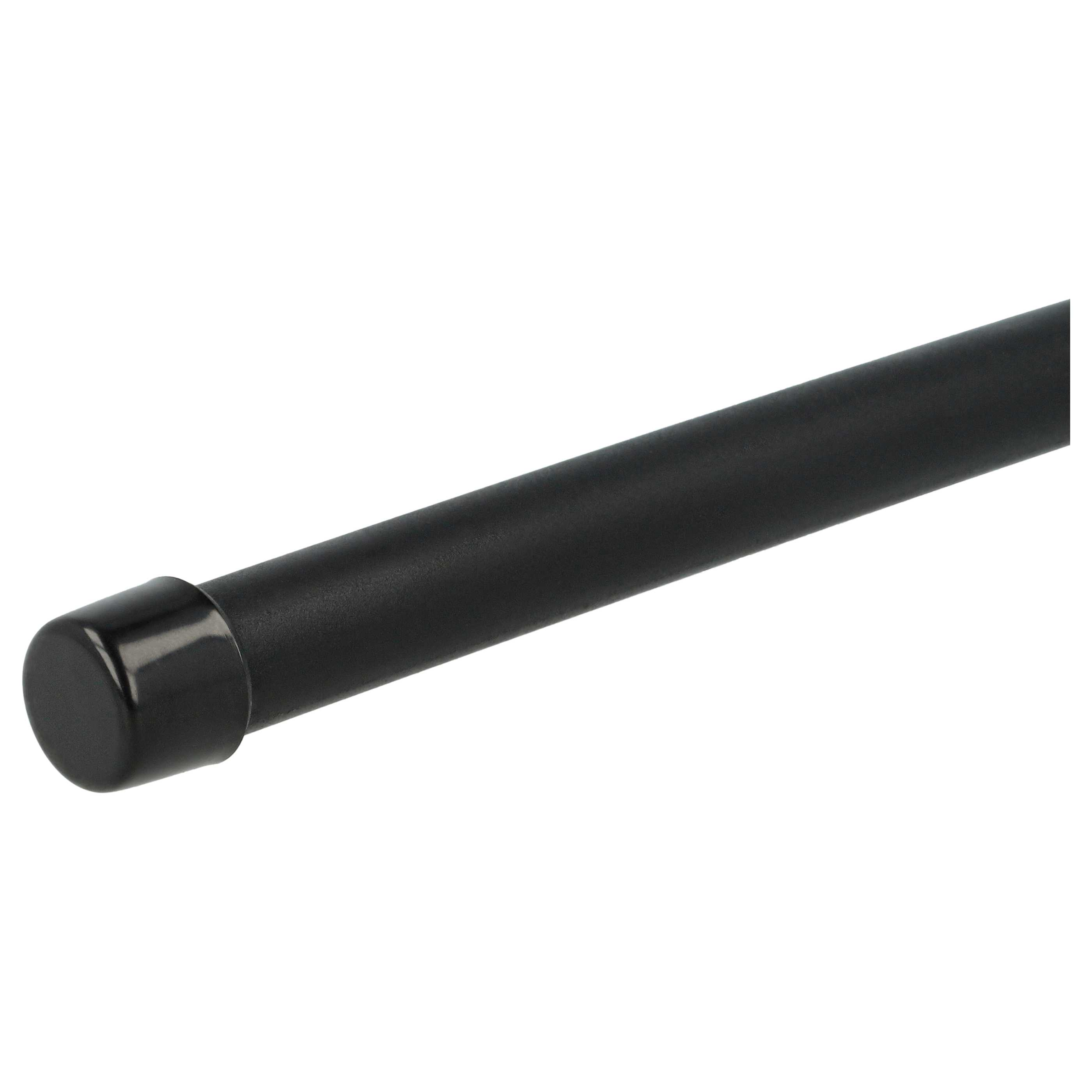 Eine schwarze Metallstange mit einer abgerundeten schwarzen Kappe an einem Ende, vor weißem Hintergrund.