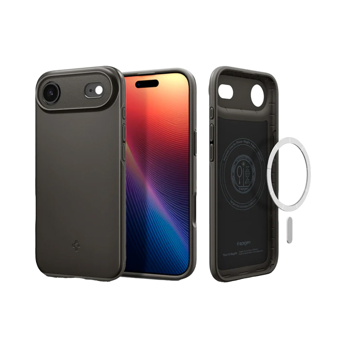 Drie telefoonhoesjes en een telefoon. Eén hoesje zit op een telefoon met een kleurrijk scherm. De andere twee zijn apart.