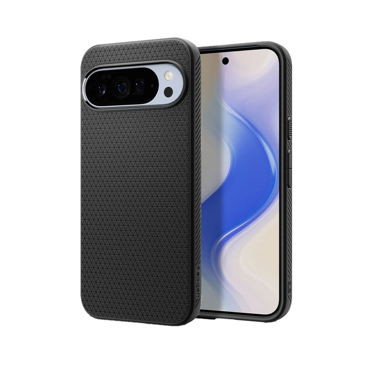 Een zwarte telefoonhoes met een textuur, naast een telefoon met een scherm met een lichtblauwe achtergrond.