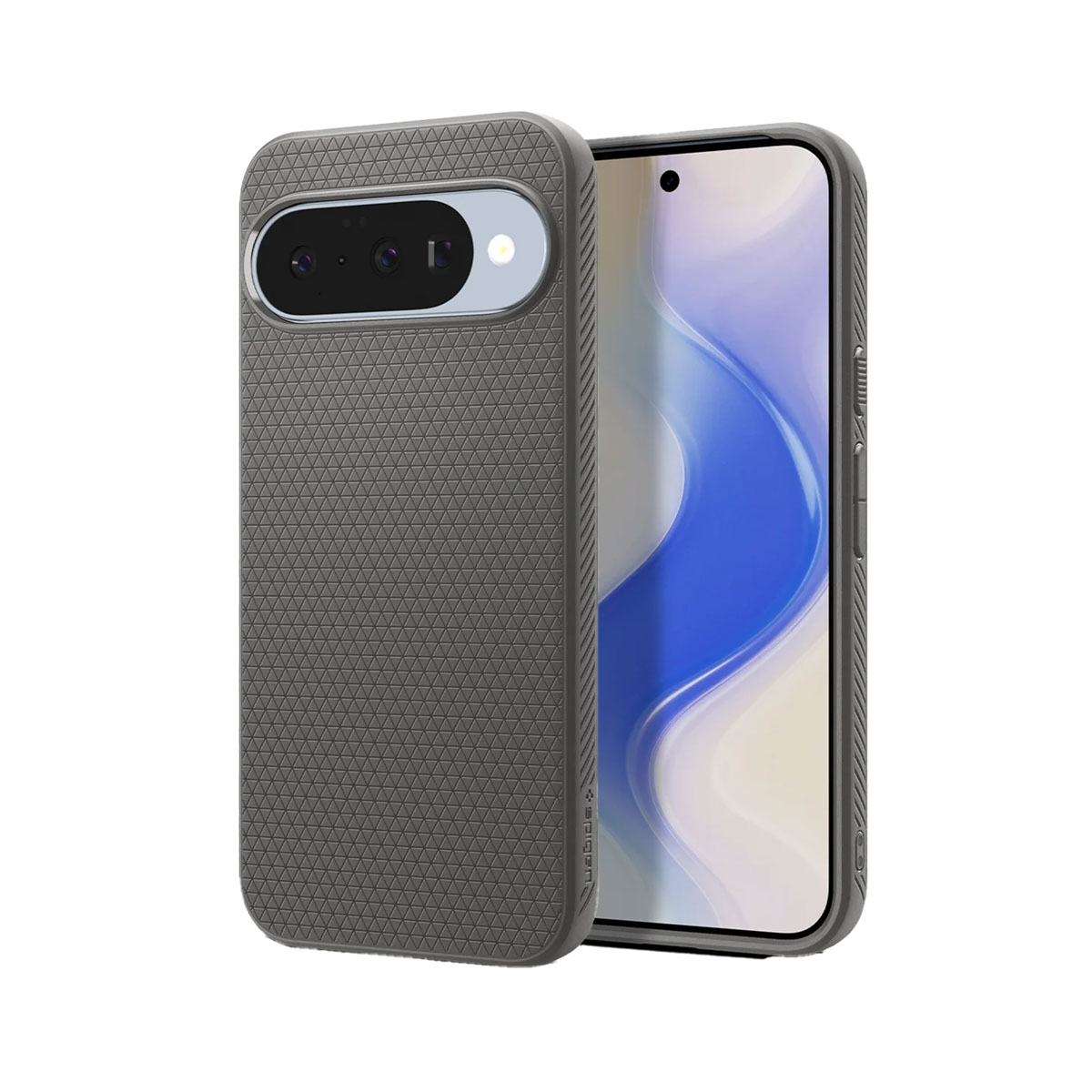 Een grijze telefoonhoes en een telefoon met een scherm dat een abstracte blauw-witte afbeelding weergeeft. De hoes heeft een textuur.