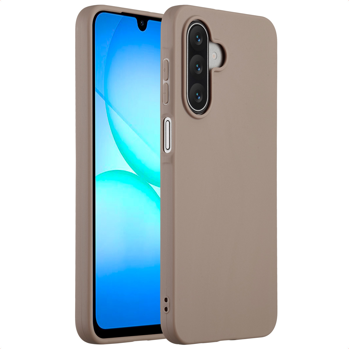 Een beige telefoonhoesje met een telefoon erin. De telefoon heeft een blauw scherm en de hoes heeft cameralenzen.