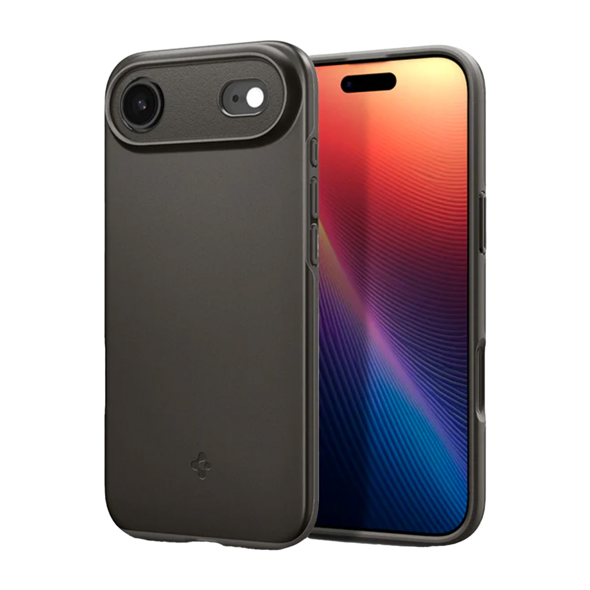 Een donkergrijze telefoonhoes met een lenskapje ligt naast een telefoon met een kleurrijk scherm met rode, paarse en blauwe verlopen.