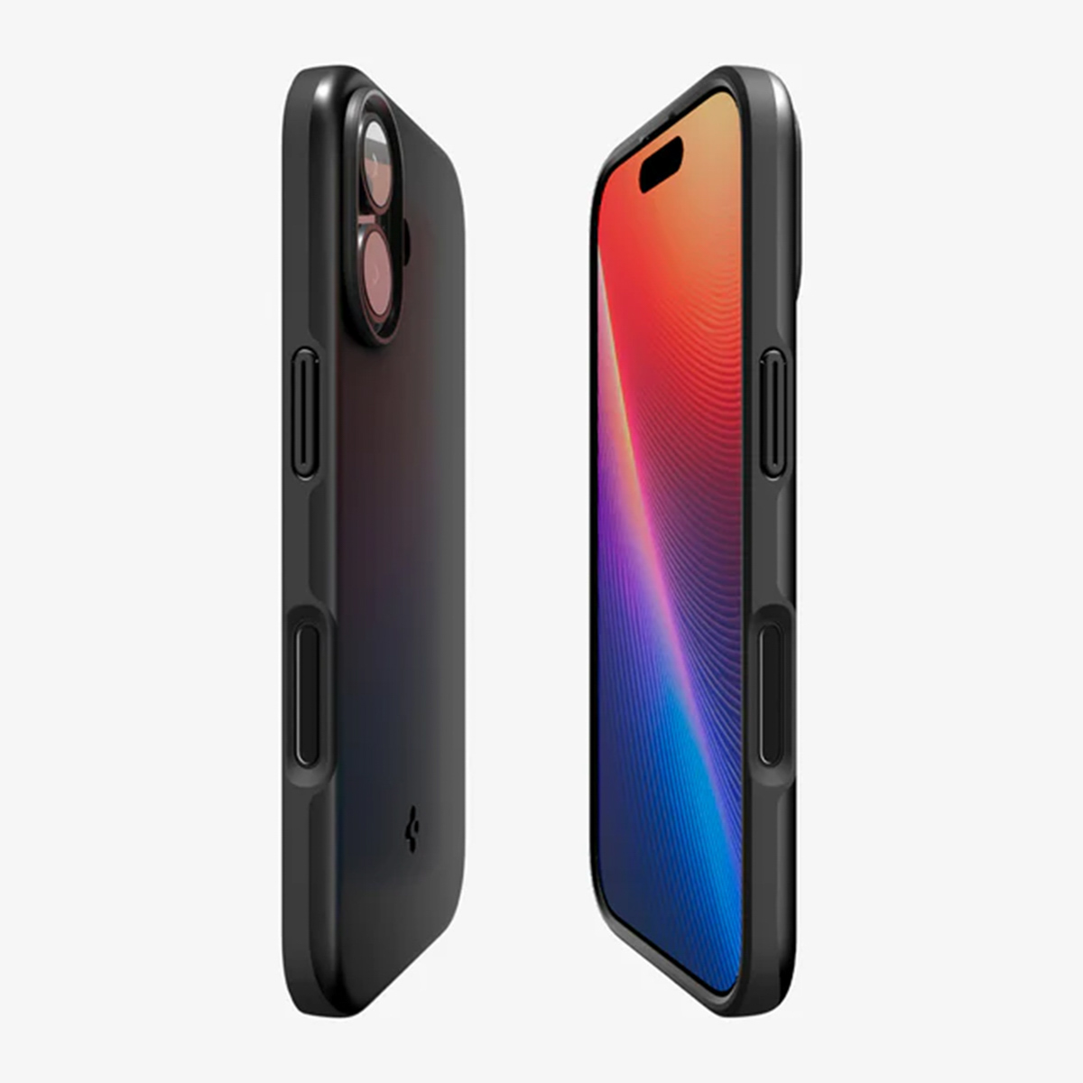 Due smartphone neri con custodia sono mostrati uno accanto all'altro. Un telefono è rivolto in avanti, mostrando uno schermo colorato.