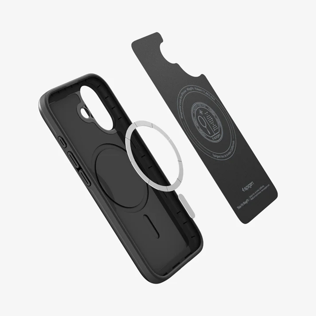 Custodia nera per telefono con anello bianco e scheda nera. La custodia è parzialmente aperta. La scheda mostra testo e loghi.