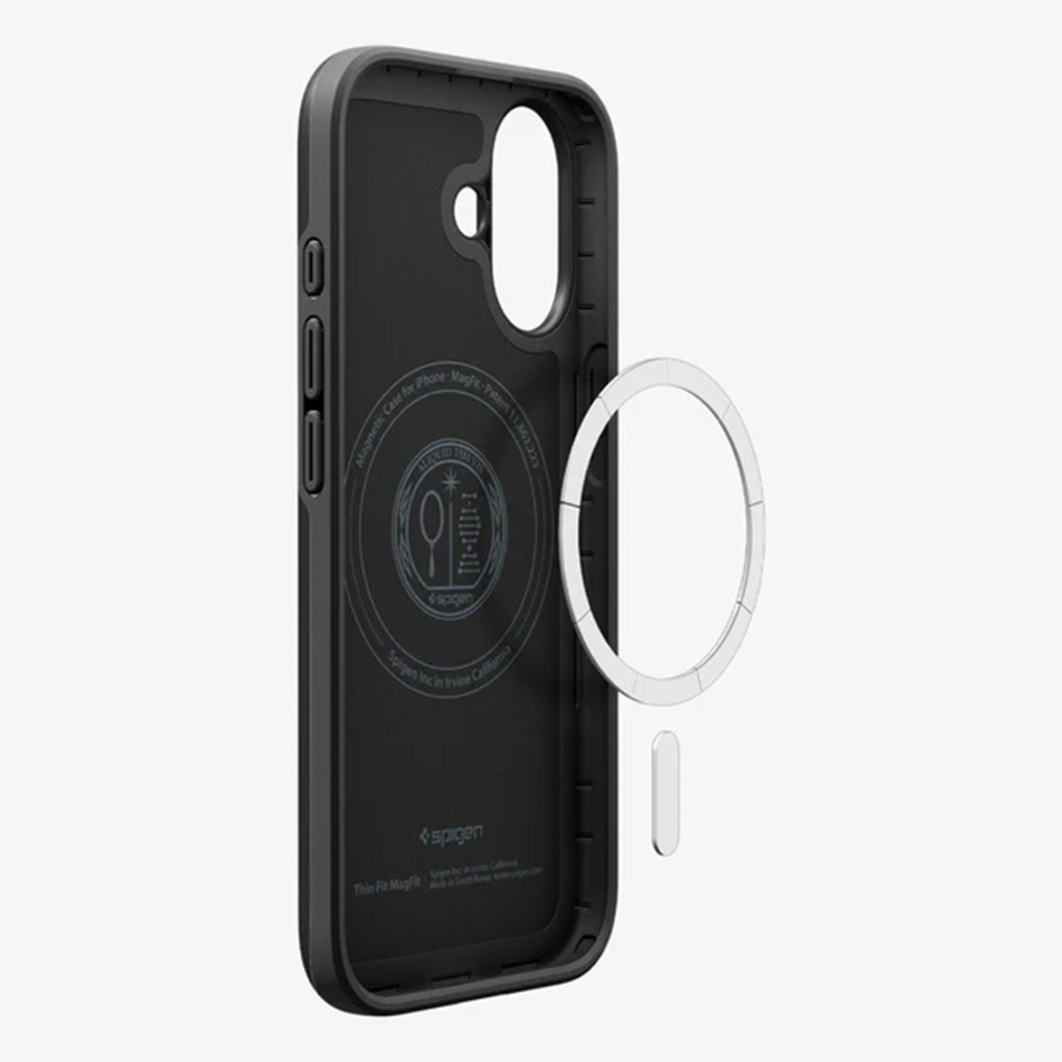 Custodia nera per telefono con anello magnetico bianco. La custodia ha il logo e il testo Spigen. Lo sfondo è bianco.