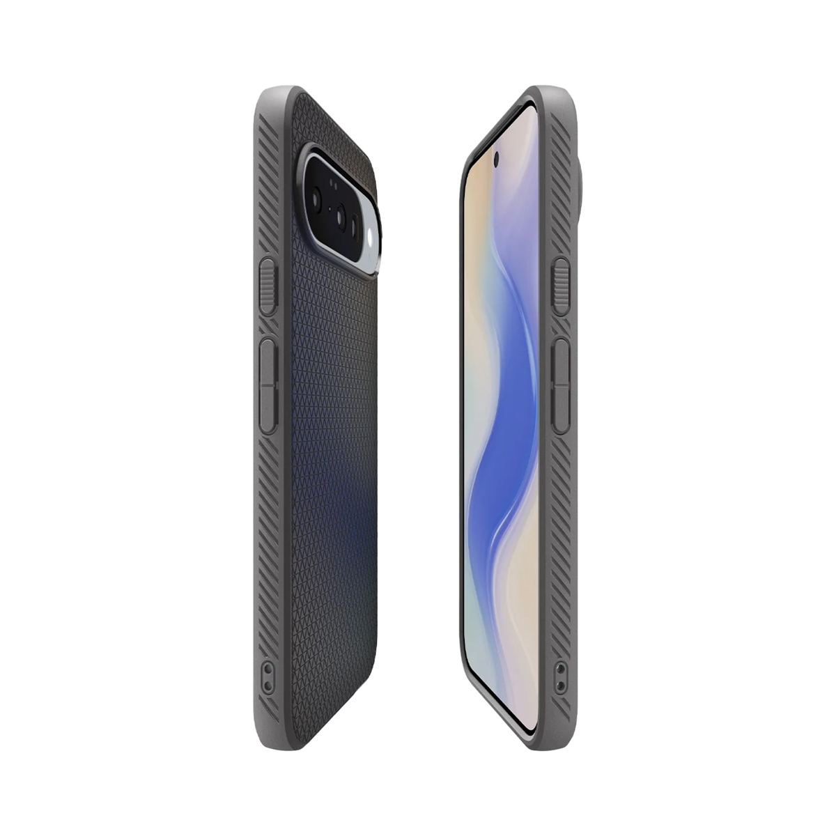 Twee grijze telefoonhoesjes, een met een camerabult, en een telefoonscherm met een blauw en wit ontwerp, beide op een witte achtergrond.