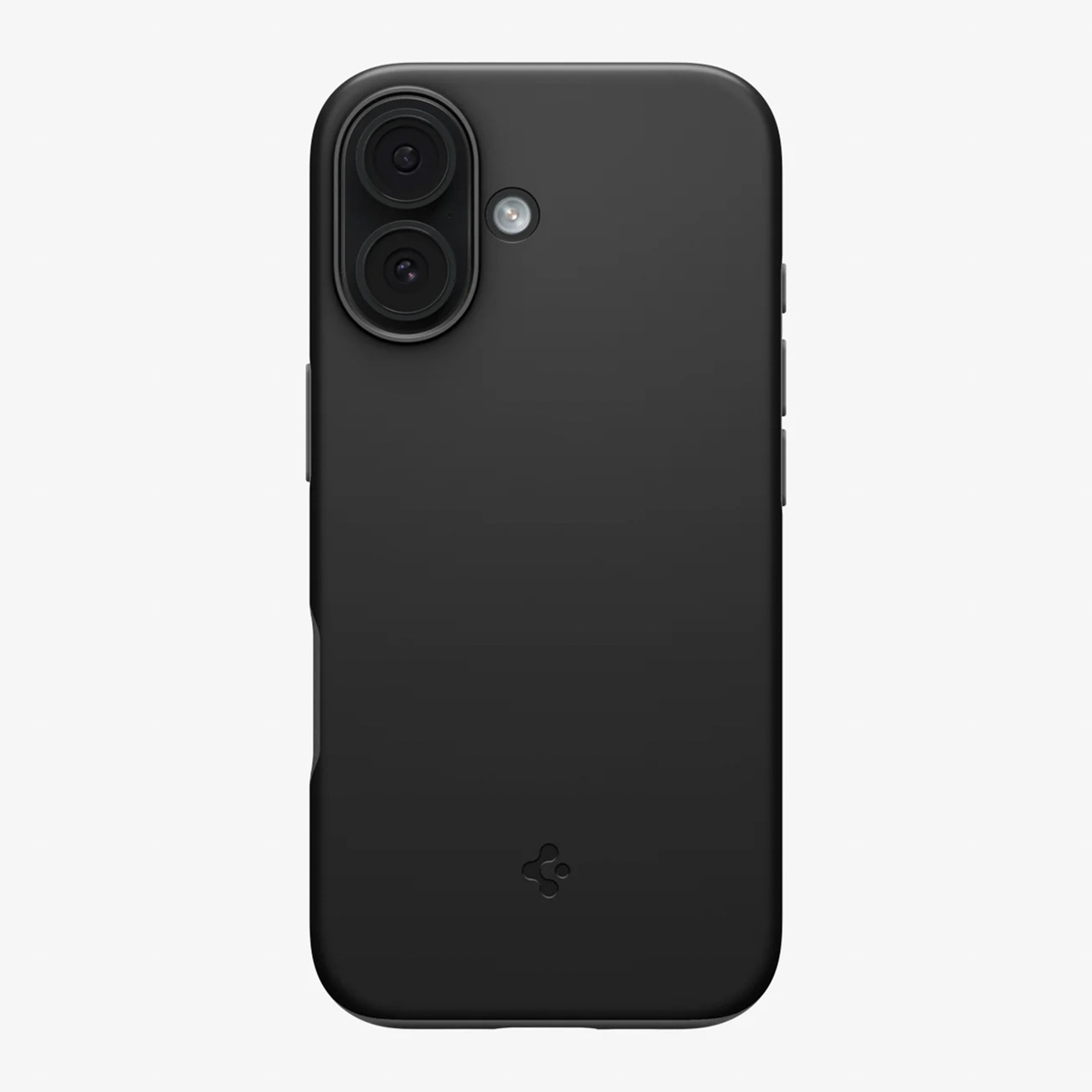 Custodia nera per smartphone con due lenti e un flash. La custodia ha angoli arrotondati e un logo in basso.
