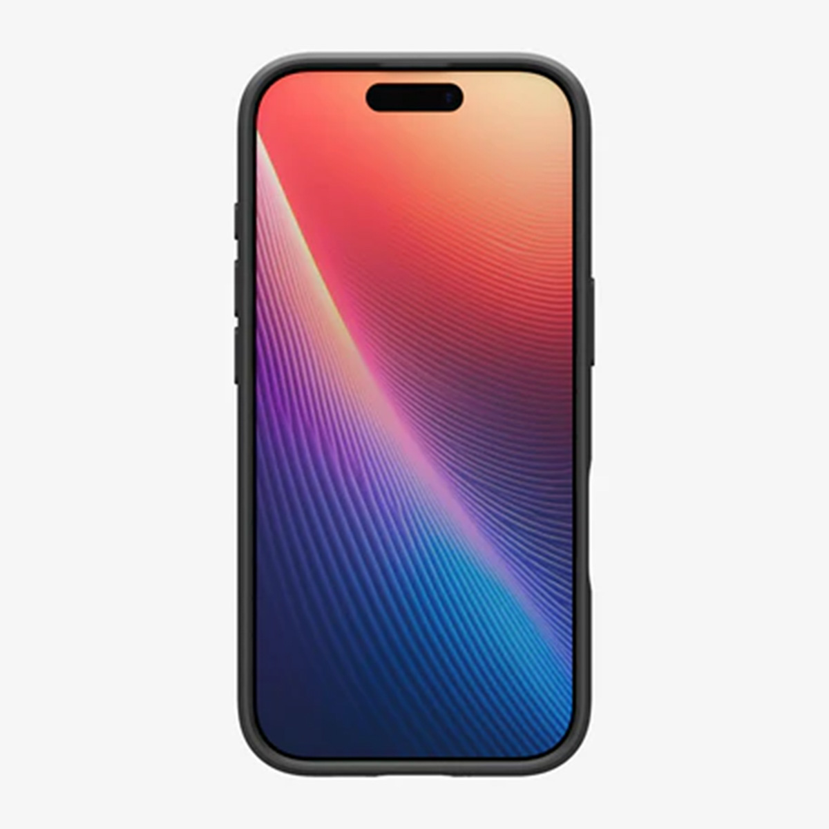 Uno smartphone con cornice nera e schermo che mostra un design astratto colorato. Lo sfondo è bianco.