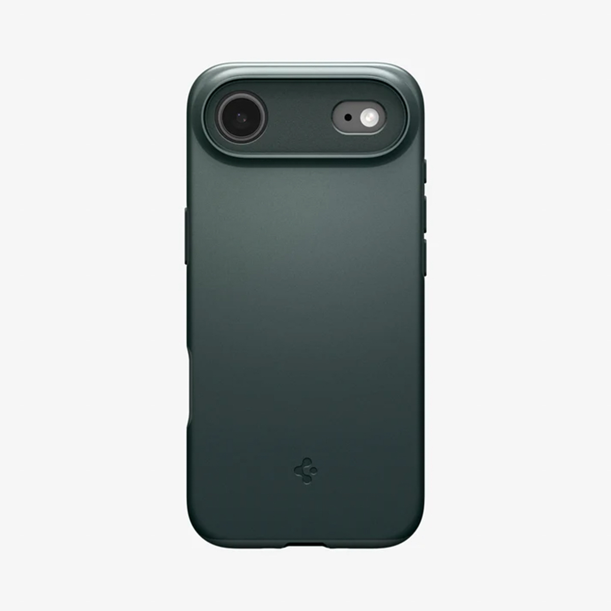 Een donkergroene telefoonhoes. Het heeft een uitsparing voor de camera en een klein logo onderaan. Witte achtergrond.