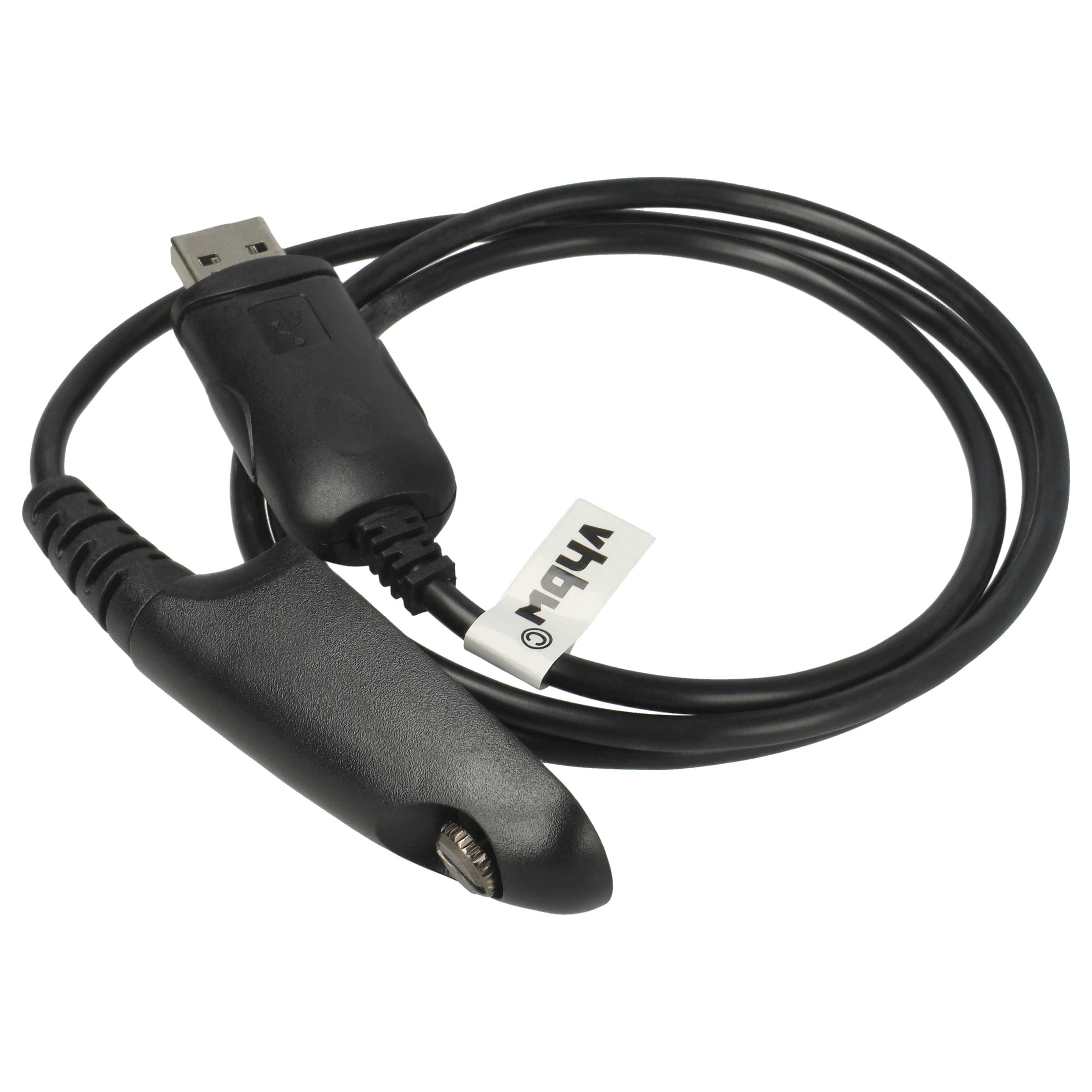 Ein schwarzes USB-Kabel mit zwei Steckern ist abgebildet. Einer ist USB-A, der andere ein kleiner, abgewinkelter Stecker.