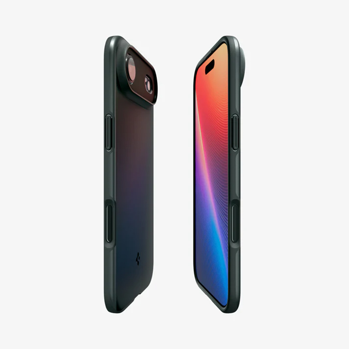 Twee smartphones, een met zwarte hoes naar links, de andere met kleurrijk scherm naar rechts, tegen een witte achtergrond.