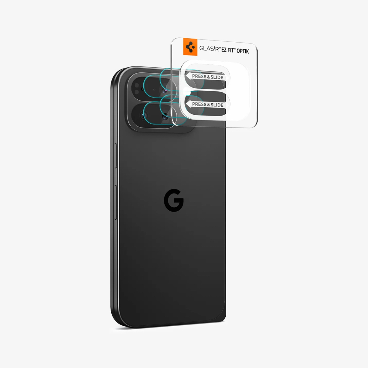 Een zwarte Google-telefoon met een schermbeschermer. De beschermer is transparant met instructies 'PRESS & SLIDE'. De achtergrond is wit.