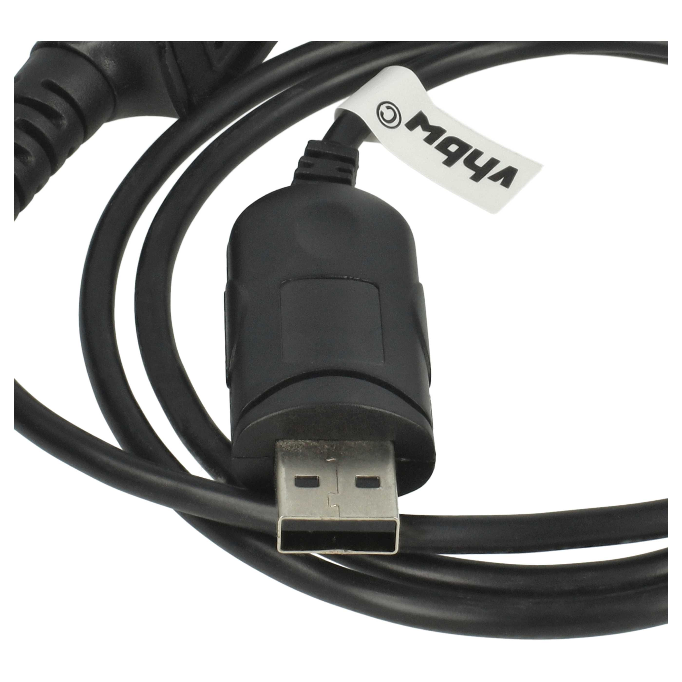 Schwarzes USB-Kabel mit Stecker und weißem Etikett. Das Kabel ist gebogen. Der Hintergrund ist weiß.